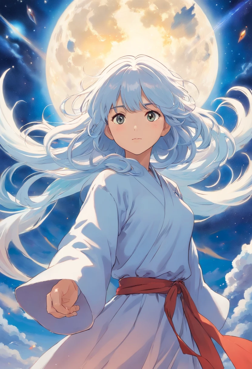 Mulher de cabelo branco, com roupa de guerreira celestial, fundo de guerra, voando, super detalhado e realista