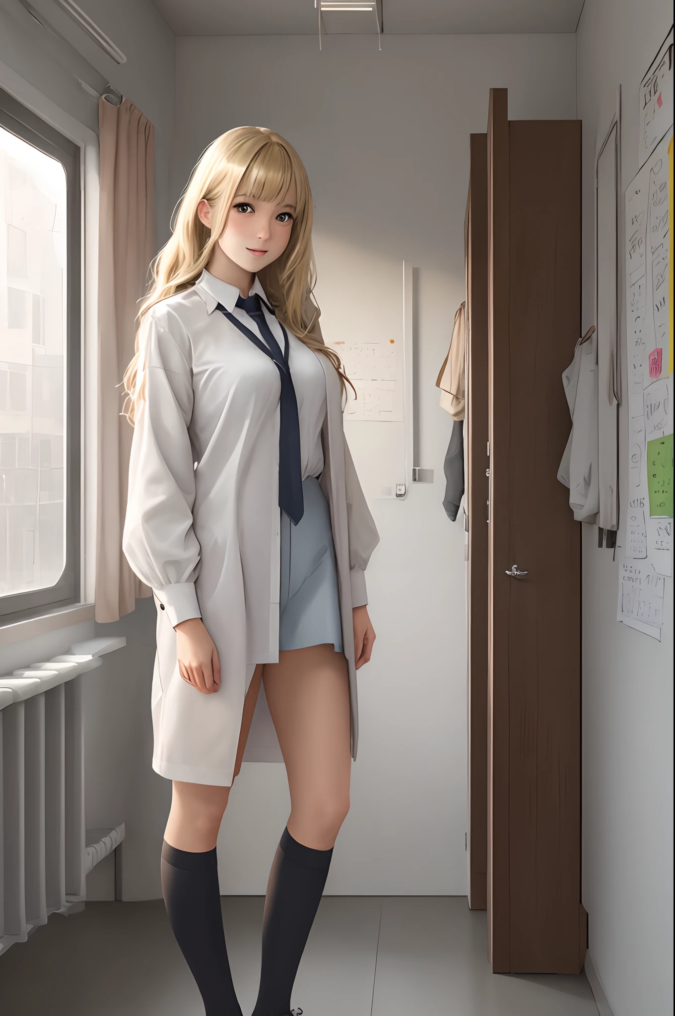 blonde girl, full body, school uniform, realistic, with collar pet and chain