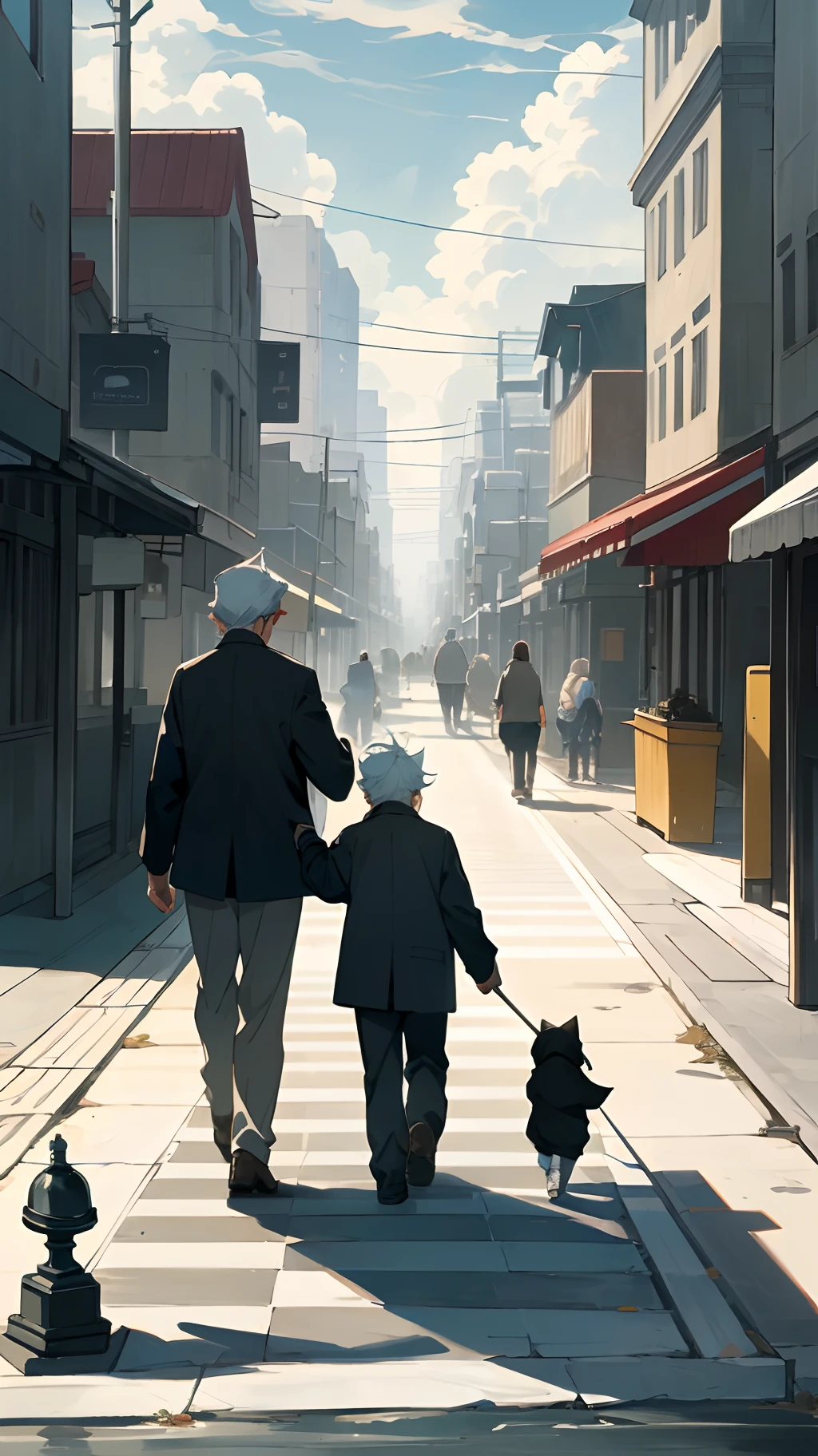 A city with facilities for the elderly and single fathers walking their children in the yard. Look over and see a handicapped playing chess. In a warm but slightly cloudy atmosphere.