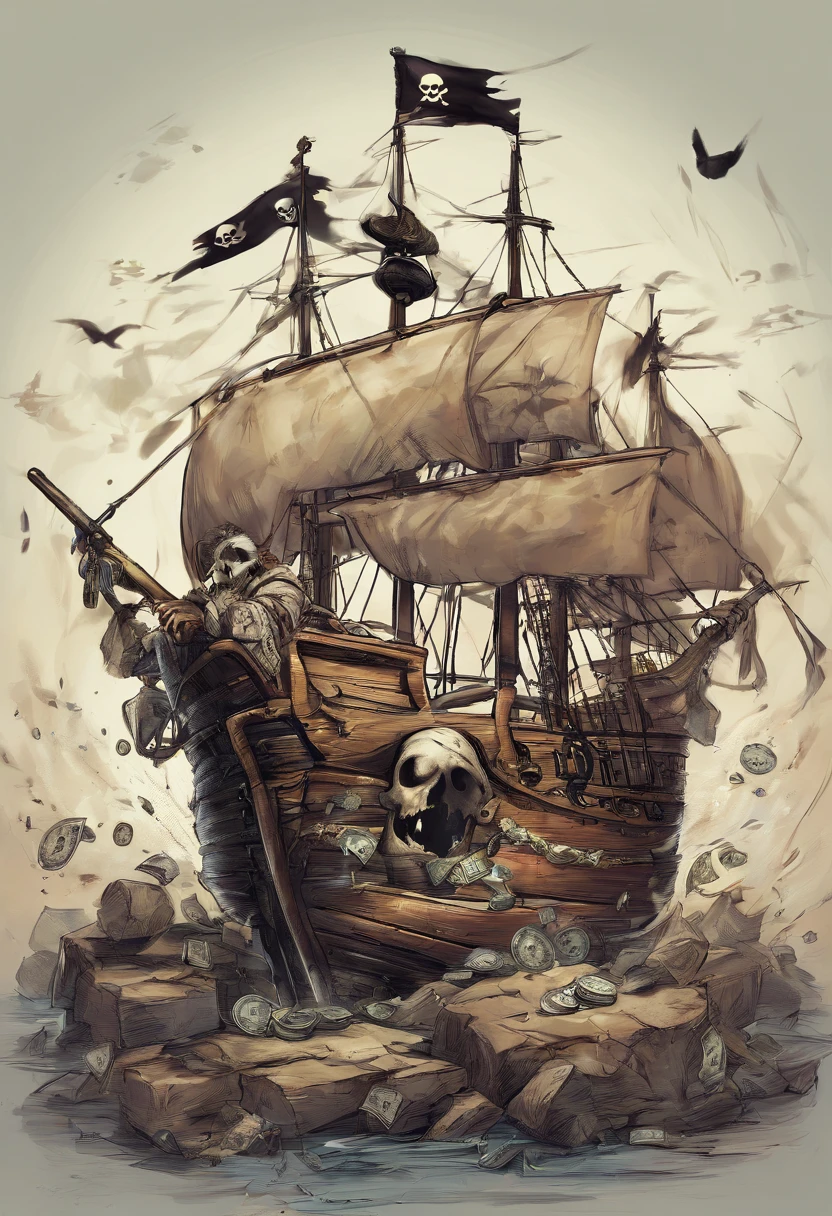 Pirate flag with a two spears piercing a bag of money