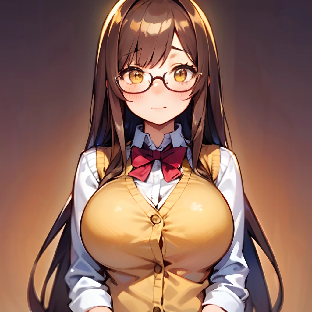 1girl, long brown hair, yellow eyes, big breasts, cardigan vest, glasses, blush, shy expression, solo, best quality, masterpiece, portrait, simple background, looking at the camera, from the front, 1result, vibrant, detailed, perfect anatomy, detailed art, high definition, 4k, high resolution