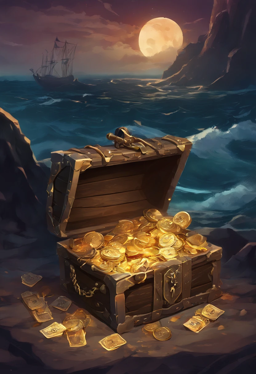 pirate flag with two spears piercing a bag of money,illustrated,oil painting,medium,detailed flag texture,dark and mysterious atmosphere,(best quality,4k,highres),(realistic:1.37),detailed pirate theme,skull and crossbones symbol,powerful ocean waves crashing against a rocky coastline,tattered flag with weathered edges and intricate designs,shining gold coins spilling out of the torn bag,sparkling treasure chest in the background,moonlit night with dramatic shadows and highlights,vivid colors showcasing the richness of the pirate's plunder,subtle warm color tone,soft and diffused lighting creating a dramatic and mysterious ambiance.