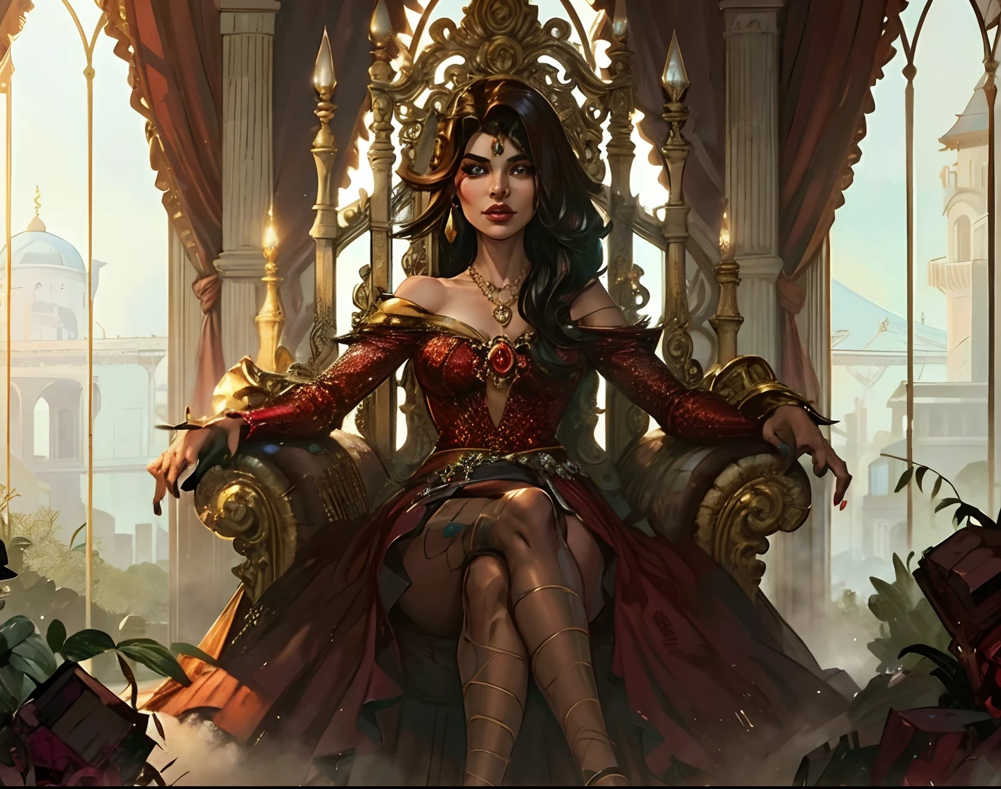 [Imagem_URL1], [Imagem_URL2], [Imagem_URL3] - The queen is beautiful beyond description, com pele morena e olhos castanho-claro. Ela tem cabelos longos e castanhos, com ondas, olhar frio , pinta no lado superior da boca. Ela usa uma elegante coroa dourada. rainha usa um vestido vermelho luxuoso, with a beautiful ruby necklace that sparkles in the light of the chandeliers. She exudes power and elegance, com o olhar firme e os cabelos ricos e sedosos.