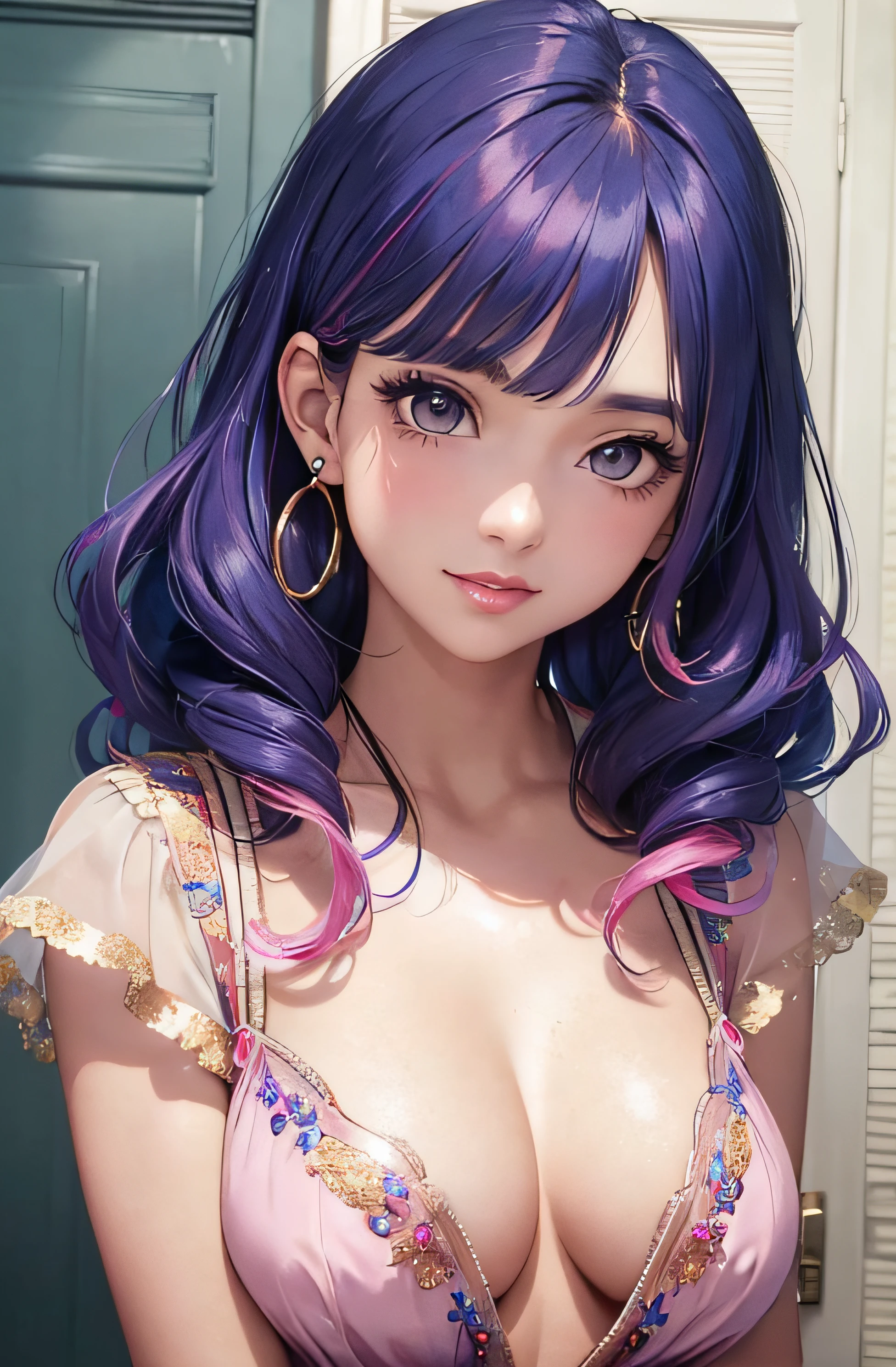 (A photo of upper body), Beautiful face, Highly detailed face and skin texture, (Detailed eyes), Brown eyes, Double eyelids, Thin eyebrows, Glitter eyeliner: 1.2, Natural cheeks, Shiny skin, Fair skin, (((with blouse))), (Shiny lips: 1. 4), (Seductive smile), (20 years old), (Wavy hair, Diagonal bangs), ((pink and blue hair)), long mid hair, ((Upper body shot)), ((Focus on chest and face)), Medium large breasts, Upturned breasts.