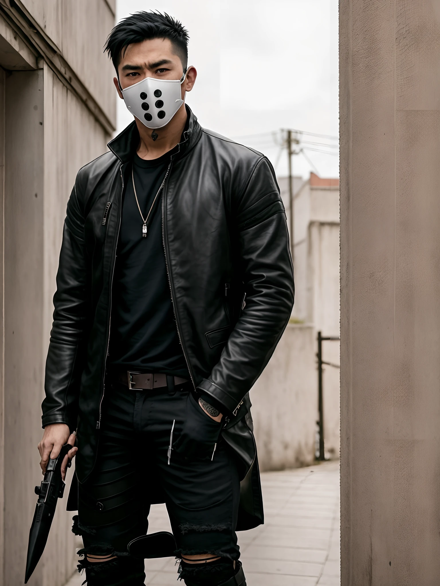Arafeld man in mask and leather jacket holding a gun, cinematic outfit photo, with a white muzzle, Urban Samurai, wearing urban techwear, action movie still, still from live action movie, wearing cyberpunk leather jacket, cyberpunk street goon, menacing look, Wearing an all-black door wave mask, in a post apocalyptic setting
