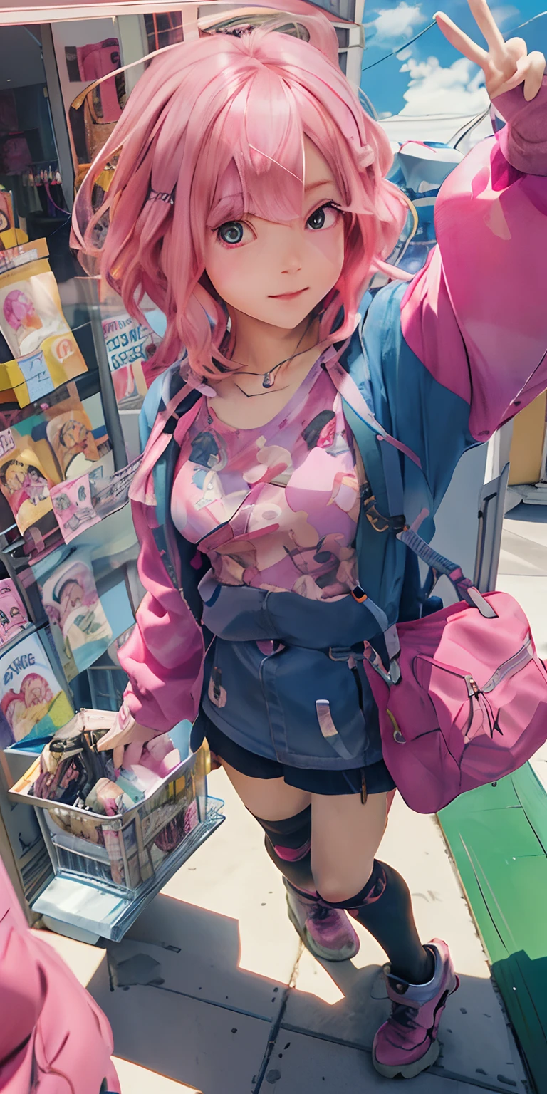 anime girl with pink hair and pink shoes standing in front of a store, anime style 4 k, artwork in the style of guweiz, ross tran style, anime girl, cute anime girl, anime style. 8k, guweiz, style anime, anime style, anime vibes, young anime girl, pretty anime girl, anime style illustration, pink girl