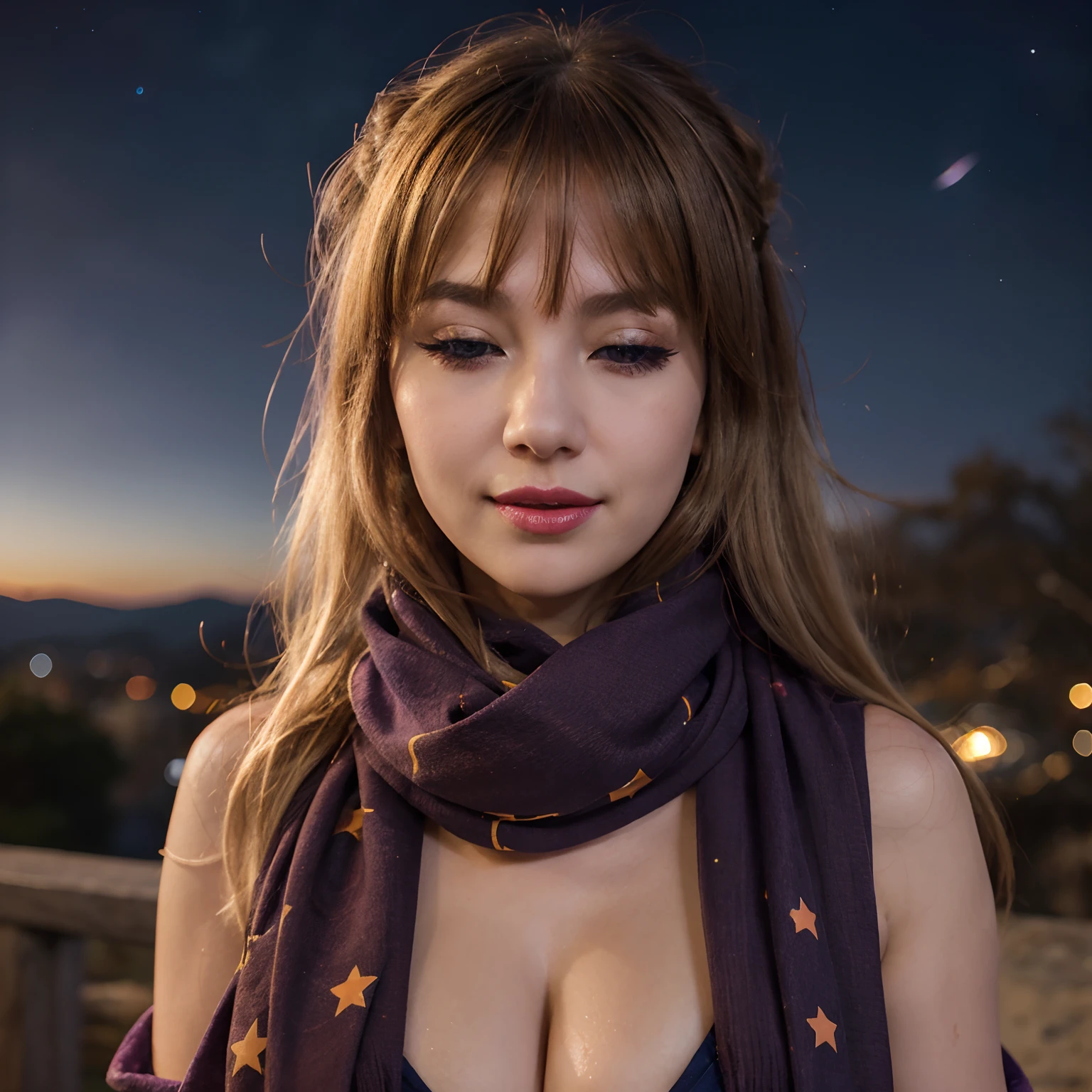 1girl, ahoge, bangs, blonde hair, blowing kiss, blue eyes, blue scarf, brown scarf, cleavage, closed mouth, eyelashes, face, floating hair, hair between eyes, heart, lips, lipstick, long hair, looking at viewer, makeup, night sky, nose, one eye closed, orange scarf, pink lips, pink scarf, portrait, purple eyes, realistic, red lips, red scarf, scarf, signature, smile, solo, space, spoken heart, star (sky), starry sky, upper body, watermark, yang xiao long, yellow scarf