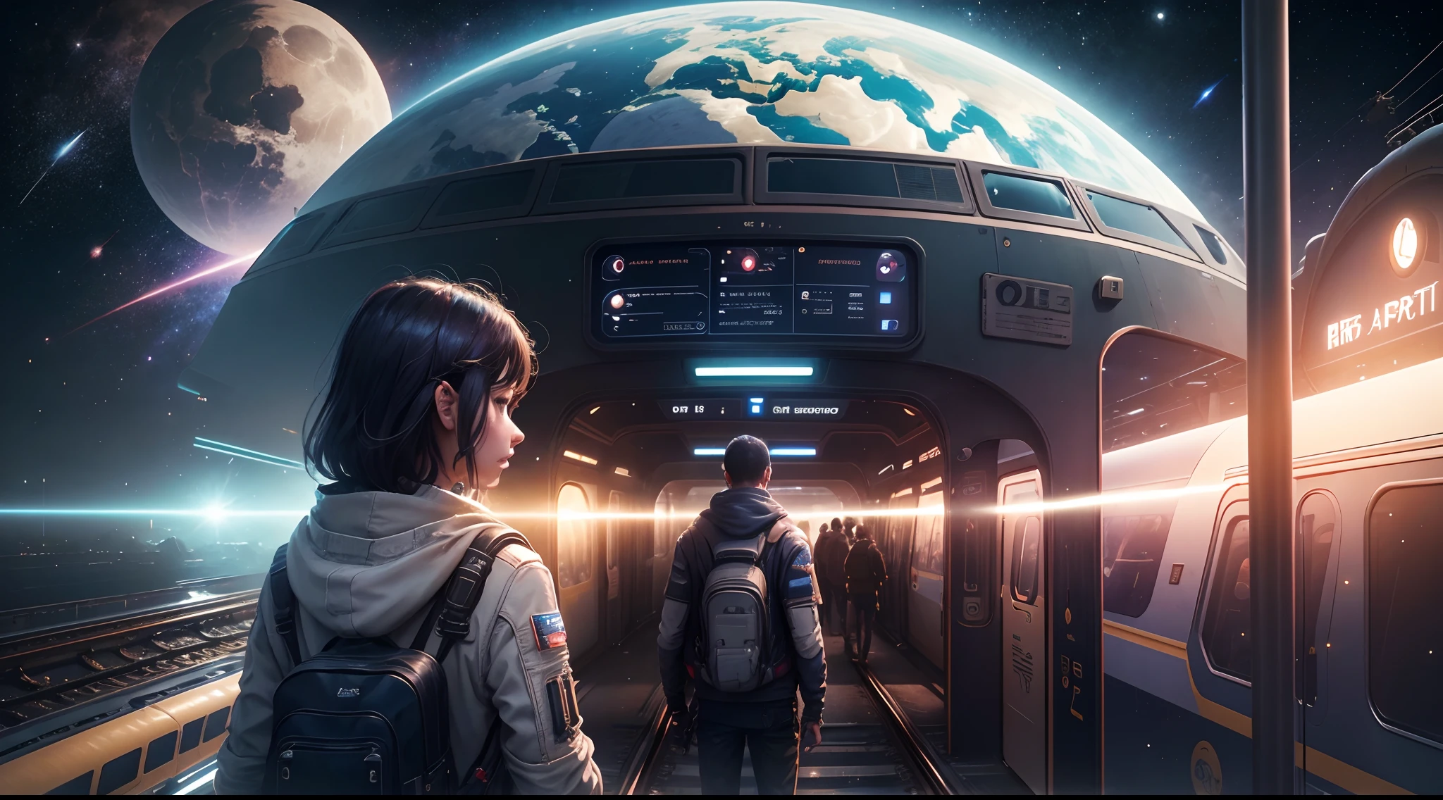 The Arafede train is at the train station，with a planet in the background, big train in space, Space travelling, Space travelling, Space science fiction, liminal space in outer space, scifi space station, space station, space, cyberpunk elevated train, space tourism, Space quantum death,Deep space, Collage of space travel, it is flying through space