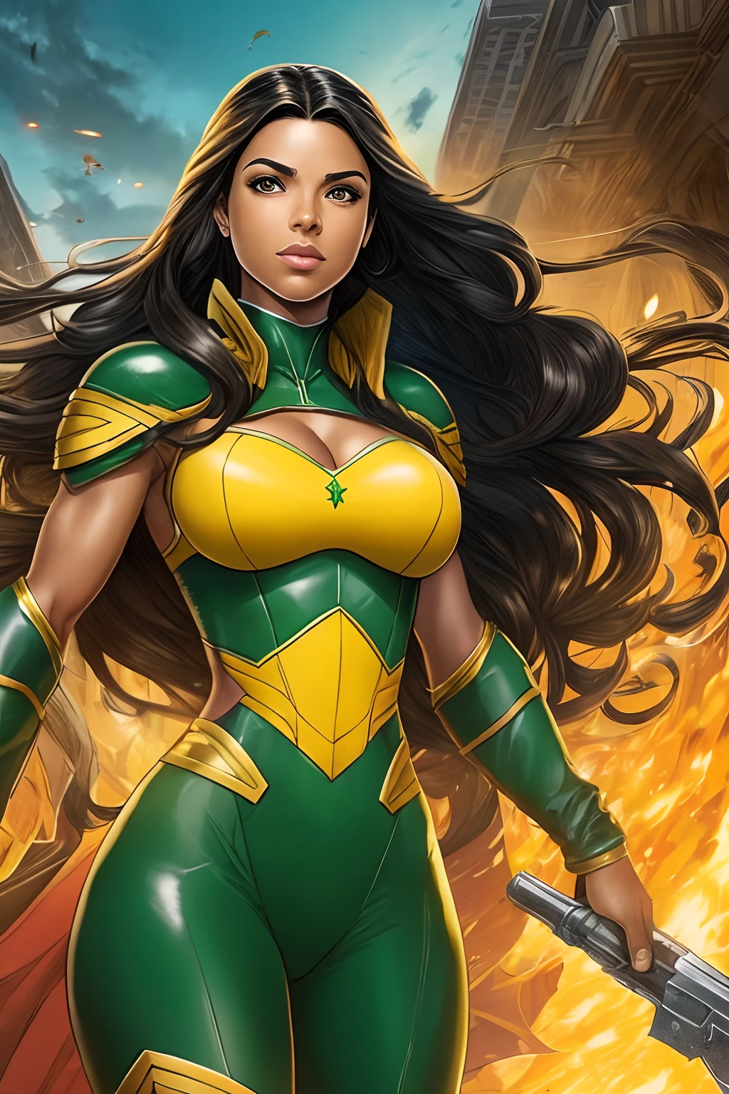 Tira de quadrinhos inspirada na arte de David Finch,A closeup of a Brazilian superheroine with long wavy black hair, olhos cintilantes, middlebreasts, cintura delgada, Wearing superheroine uniform in green and yellow colors, Standing in the middle of an avenue in imposing pose, espirito determinado e poderoso,(corpo inteiro projetado na imagem) (SFW)