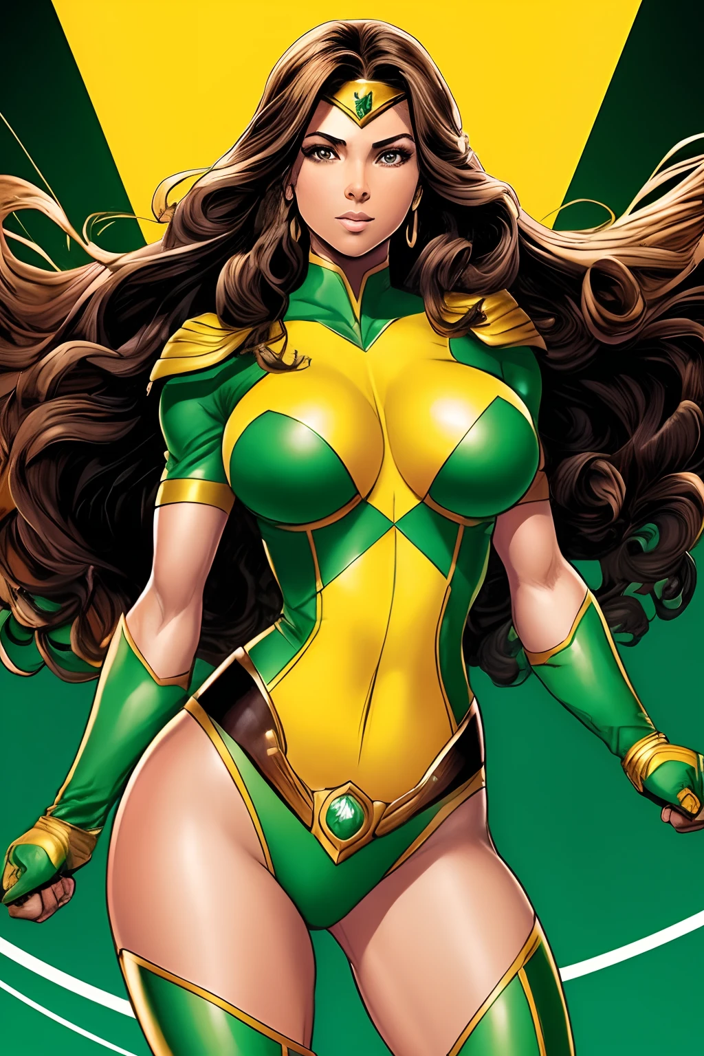 Tira de quadrinhos inspirada na arte de David Finch,A closeup of a Brazilian superheroine with long wavy black hair, olhos cintilantes, middlebreasts, cintura delgada, Wearing superheroine uniform in green and yellow colors, Standing in the middle of an avenue in imposing pose, espirito determinado e poderoso,(corpo inteiro projetado na imagem) (SFW)