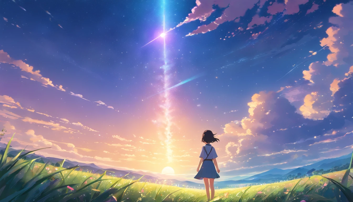 Makoto Shinkai, Expansive landscape photograph , (View from below,Displays the sky above and the clearing below), a girl standing on flower field looking up, (full moon:1.2), ( meteors:0.9), (Starcloud:1.3), Far Mountain, Tree BREAK Production Art, (Warm light source:1.2), (Firefly:1.2), lamp lights, Lots of purple and blue, Intricate details, Volumetric lighting BREAK (Masterpiece:1.2), (Best quality), 4K, Ultra-detailed, (Dynamic composition:1.4), Highly detailed, Colorful details,( Iridescent colors:1.2), (luminouslighting, Atmospheric lighting), Dreamy, magical, (Solo:1.2)