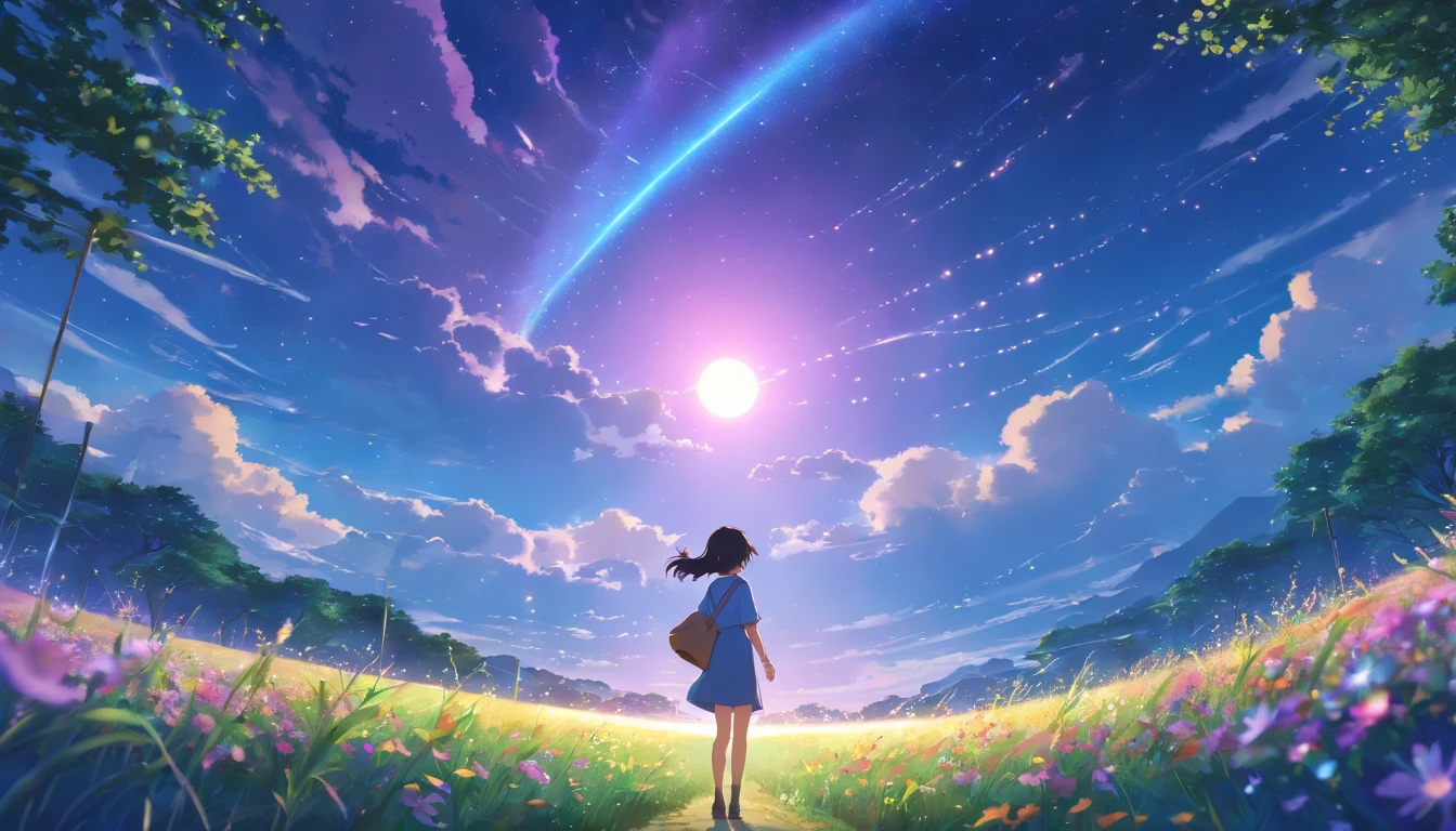 Makoto Shinkai, Expansive landscape photograph , (View from below，Displays the sky above and the clearing below), a girl standing on flower field looking up, (full moon:1.2), ( meteors:0.9), (Starcloud:1.3), Far Mountain, Tree BREAK Production Art, (Warm light source:1.2), (Firefly:1.2), lamp lights, Lots of purple and blue, Intricate details, Volumetric lighting BREAK (Masterpiece:1.2), (Best quality), 4K, Ultra-detailed, (Dynamic composition:1.4), Highly detailed, Colorful details,( Iridescent colors:1.2), (luminouslighting, Atmospheric lighting), Dreamy, magical, (Solo:1.2)