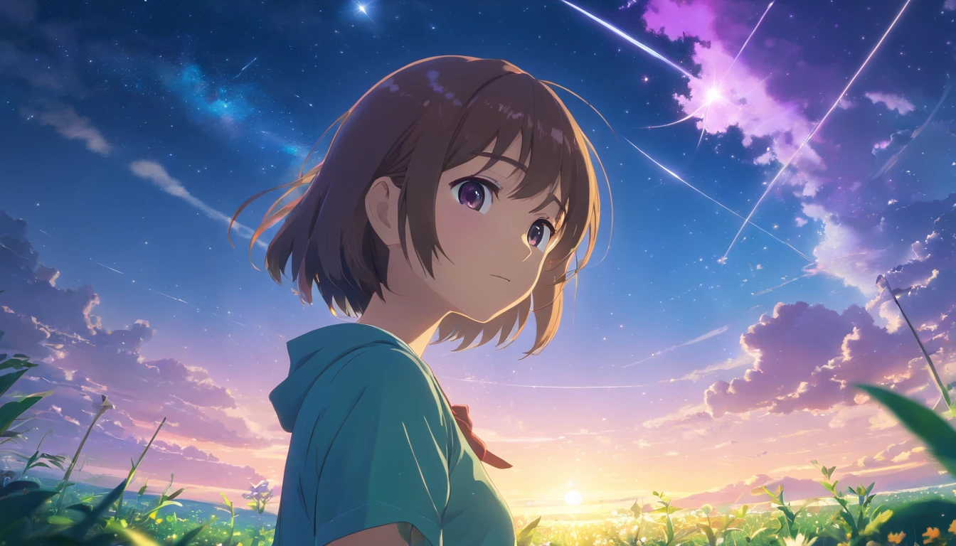 Makoto Shinkai, Expansive landscape photograph , (View from below，Displays the sky above and the clearing below), a girl standing on flower field looking up, (full moon:1.2), ( meteors:0.9), (Starcloud:1.3), Far Mountain, Tree BREAK Production Art, (Warm light source:1.2), (Firefly:1.2), lamp lights, Lots of purple and blue, Intricate details, Volumetric lighting BREAK (Masterpiece:1.2), (Best quality), 4K, Ultra-detailed, (Dynamic composition:1.4), Highly detailed, Colorful details,( Iridescent colors:1.2), (luminouslighting, Atmospheric lighting), Dreamy, magical, (Solo:1.2)