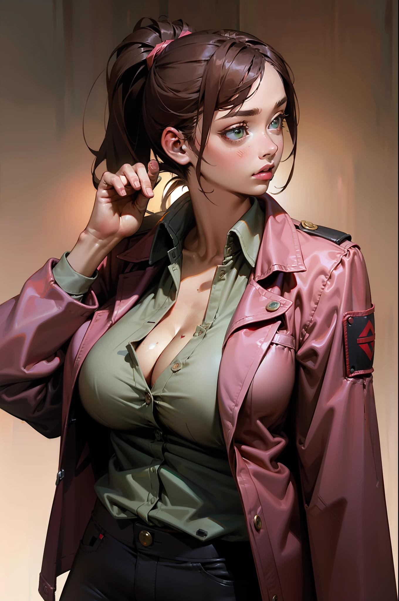 Zoe left, 1girll, arma, Solo, Gun, Jacket, hand gun, injury, Green eyes, Red jacket, Dirty, shirt, Blood, Lips, bruise, Pink jacket, Brown hair, pony tails, White shirt
,Masterpiece, Best quality, Cinematic lighting,gigantic cleavage breasts,Colossal tits,The groove exposes the original skin