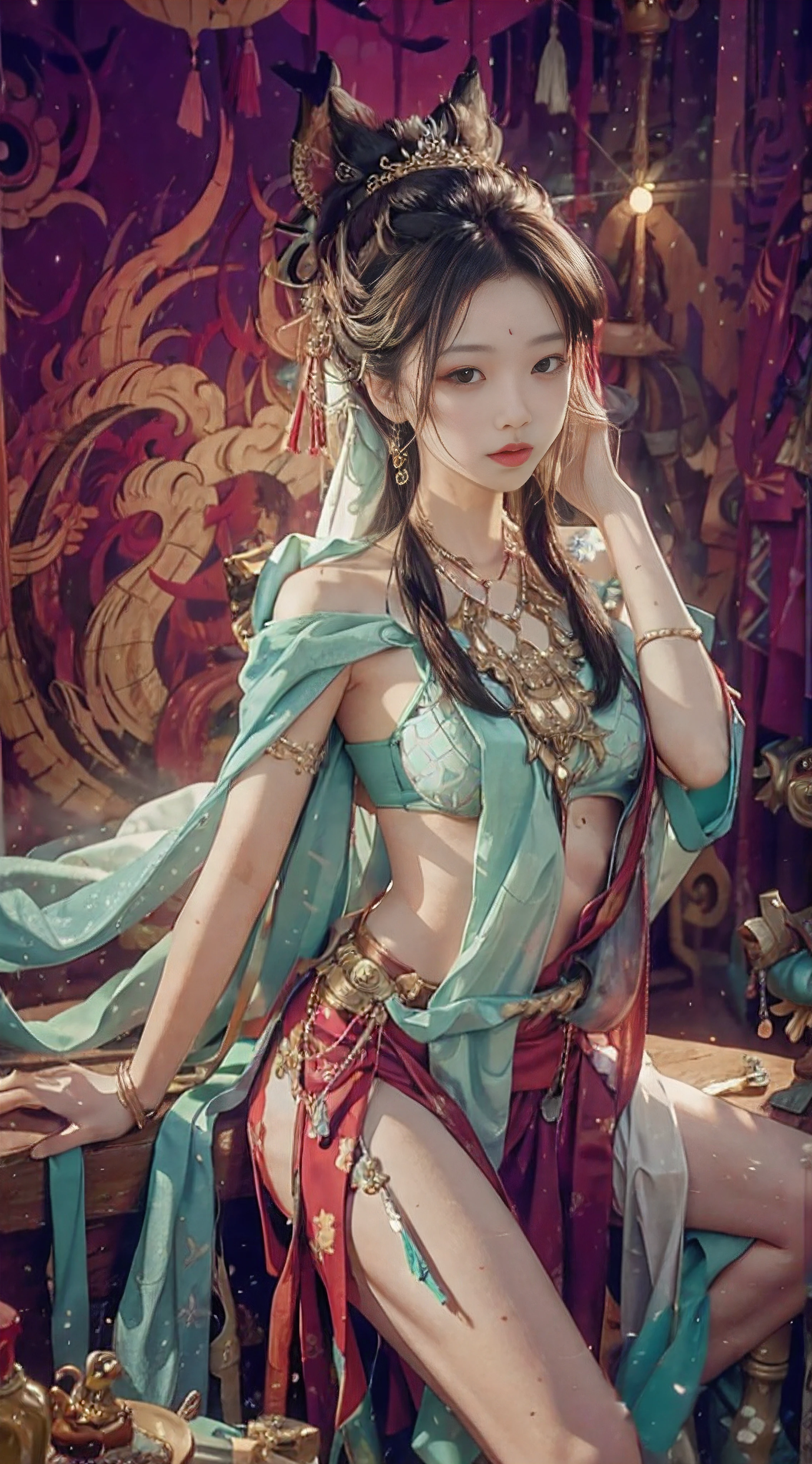 Alawi woman in green dress,Wear veils and jewelry, Beautiful goddess, a beautiful fantasy empress, ((a beautiful fantasy empress)), Beautiful teenage girl, portrait of a beautiful goddess, Traditional beauty, Beautiful oriental woman, Princesa chinesa antiga, beautiful fantasy maiden, inspired by Du Qiong, China Princess, a stunning portrait of a goddess, young goddess