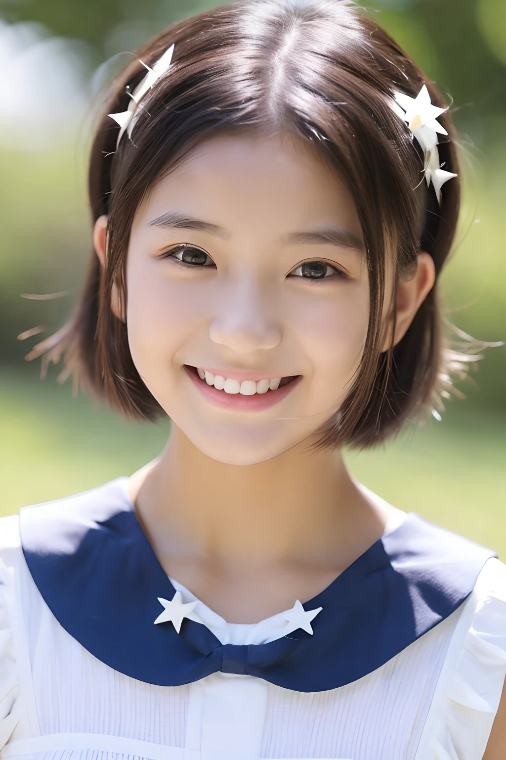 Neat and clean elementary school girl, Small person々.,Pixie Cut Hair、Track and field uniforms、 (slim, small, flat, small), Black Hair, Realistic portraits, detailed, detailedな肌の質感, Delicate clavicle, smile, (10-year-old girl)、Delicate eyebrows、Short neck、Professional photography、(Looking at the audience.)、(Unique and beautiful girl)、30mm prime lens、Soft Focus、Narrow eyes、