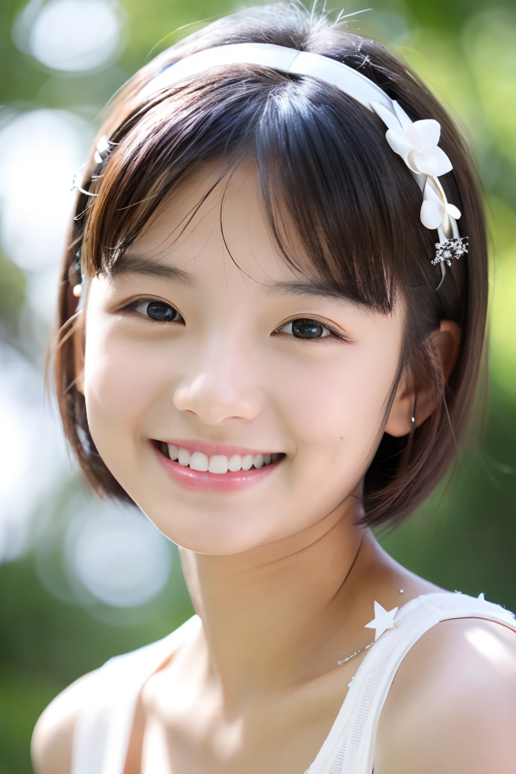 20 years old girl, smiling, Wear a white top, short detailed hair, star hairpins.
