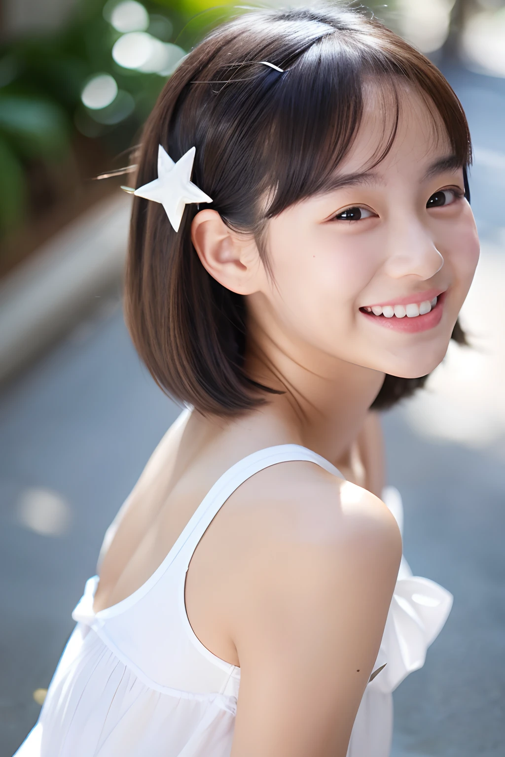 20 years old little girl, smiling ,Wear a white top, short detailed hair, star hairpins.