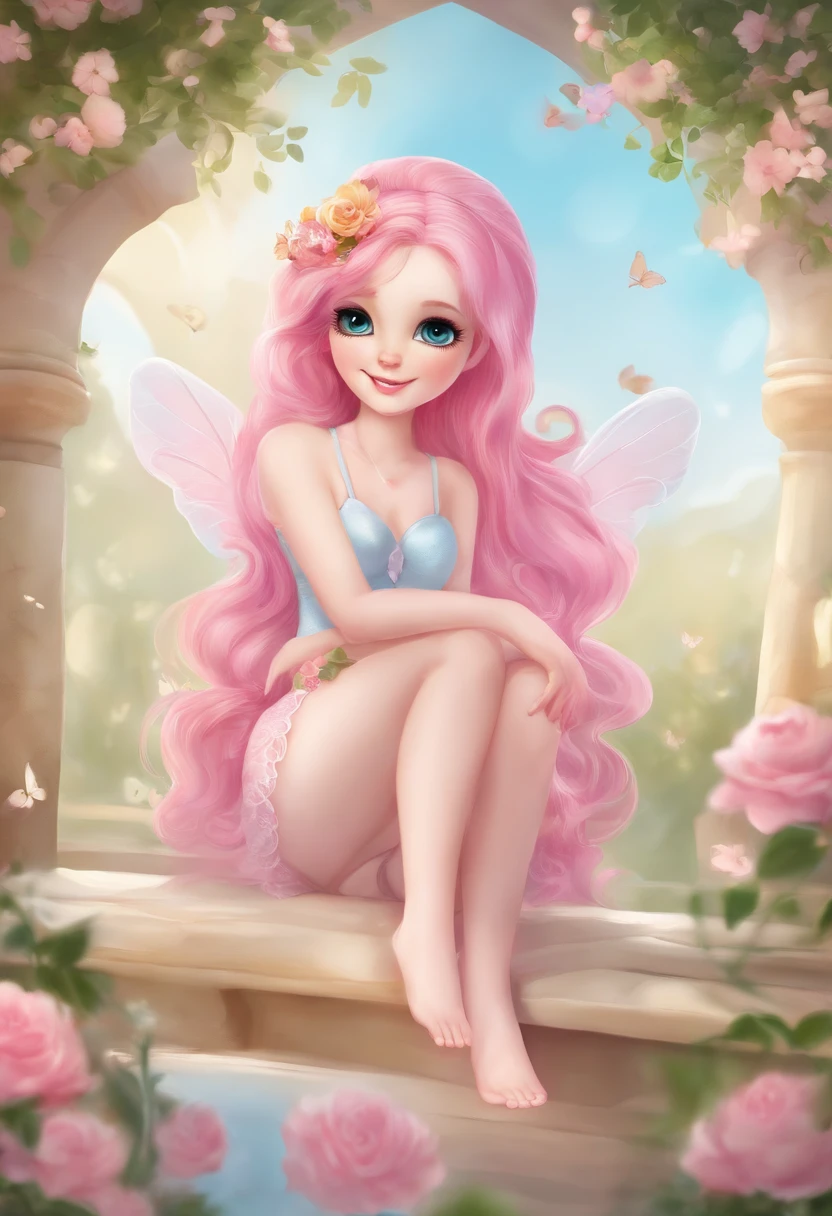 best quality:1.2,ultra-detailed,realistic,Fluttershy,beautiful,adorable,cartoon,magenta,soft pastel colors,bright and vibrant,baby blue panties,pink thigh highs,pink hair,gardens,flowers,butterflies,happy expression,kind eyes,shy smile,small wings,gentle and caring personality,peaceful and serene background,whimsical artwork,artistic strokes,stylized details,clear outline,dreamlike atmosphere,pleasant lighting,soft and warm shadows,smiling sun.