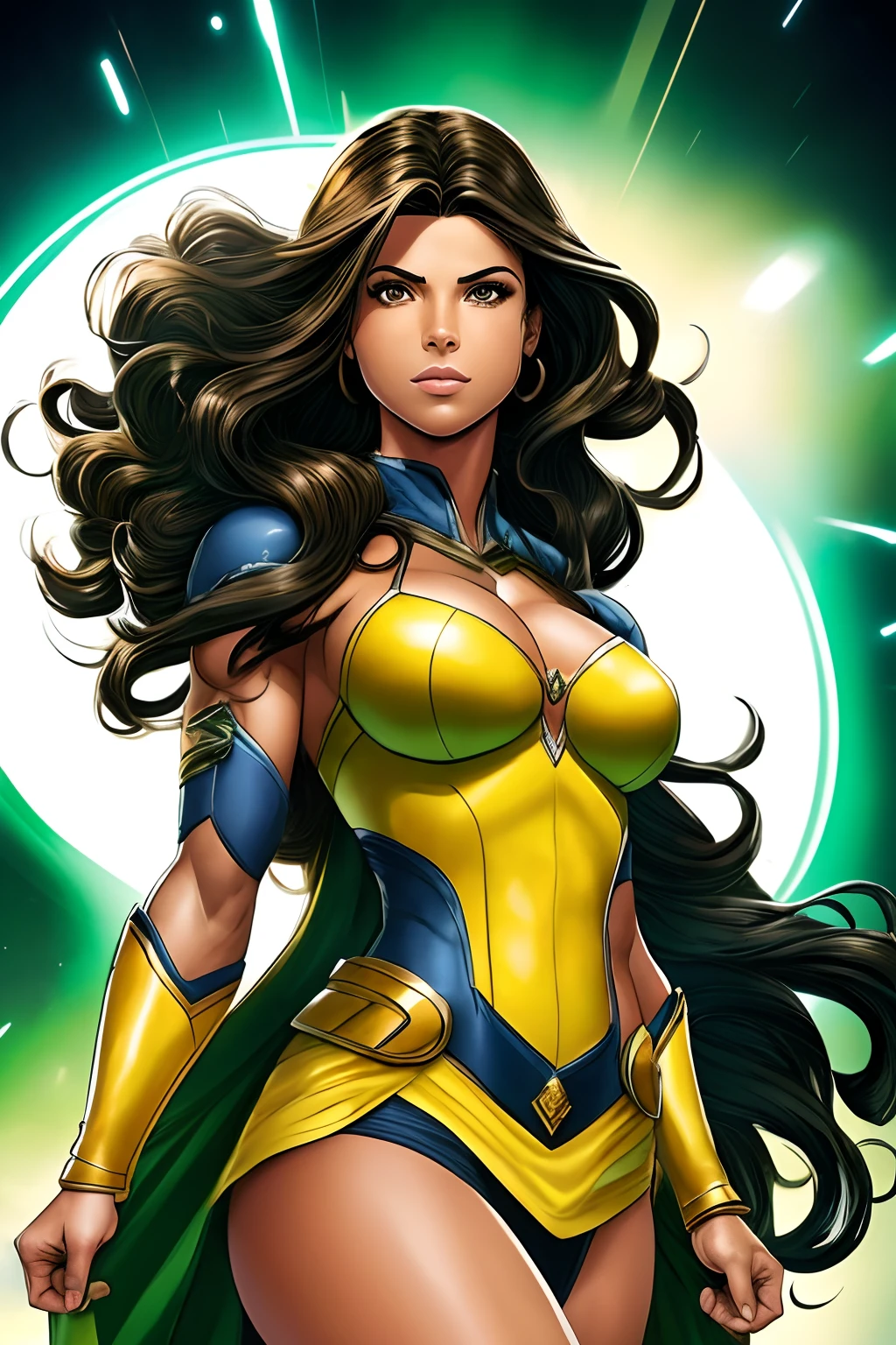 Tira de quadrinhos inspirada na arte de David Finch,A closeup of a Brazilian superheroine with long wavy black hair, olhos cintilantes, middlebreasts, cintura delgada, Wearing superheroine uniform in green and yellow colors, Standing in the middle of an avenue in imposing pose, espirito determinado e poderoso,(corpo inteiro projetado na imagem) (SFW)