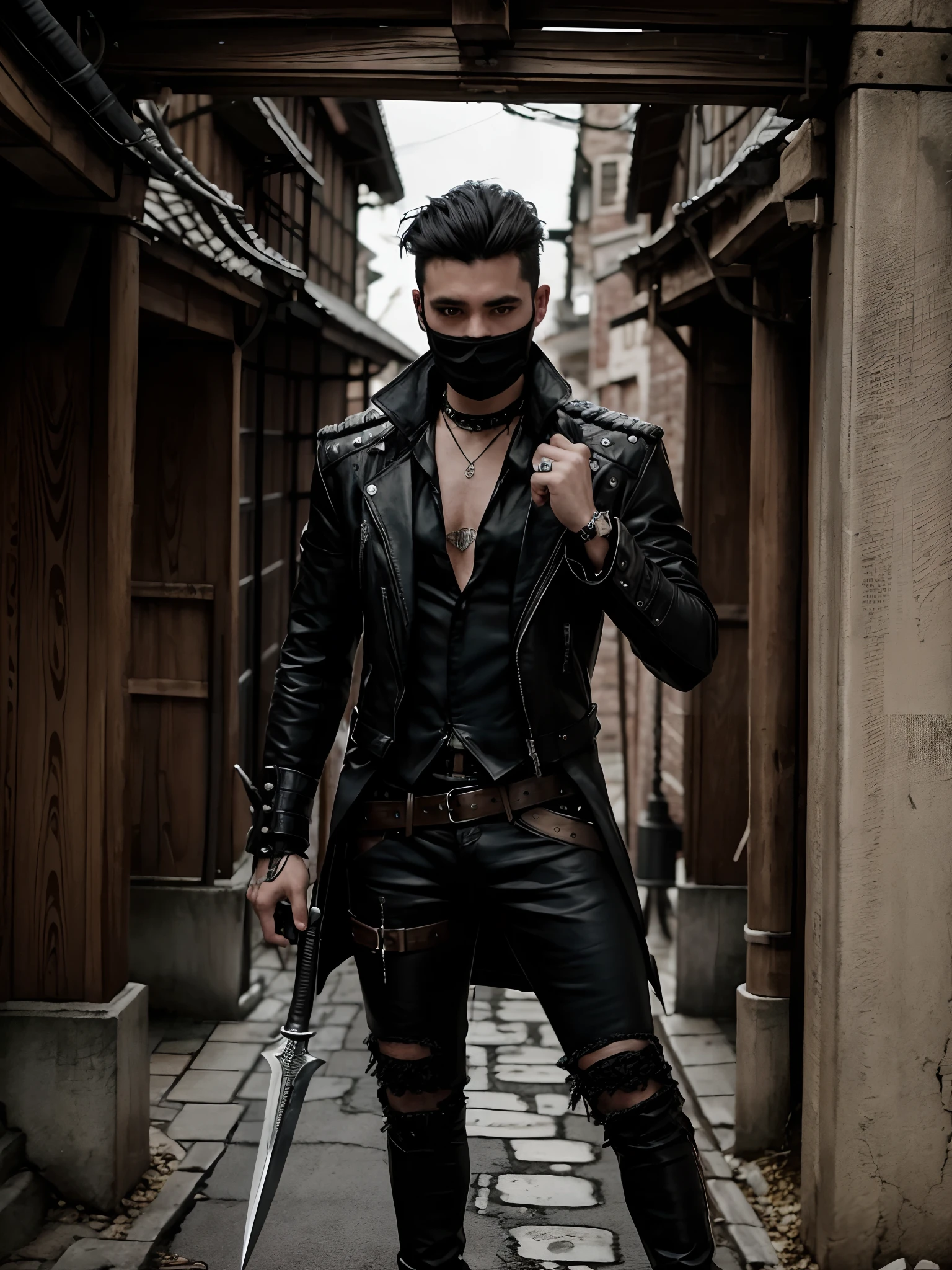 An Arafeld man in a black leather jacket holds two swords in an alley, wearing cyberpunk leather jacket, all black cyberpunk clothes, black leather costume, cyberpunk fashion clothes, cyberpunk fashion clothes, Cyberpunk costumes, fantasy leather clothing, cyberpunk style outfit, Cyberpunk clothes, cyberpunk hero, leather outfit, has cyberpunk style, Cyberpunk costumes, cyberpunk street goon, cyberpunk fashion, Steampunk cyberpunk