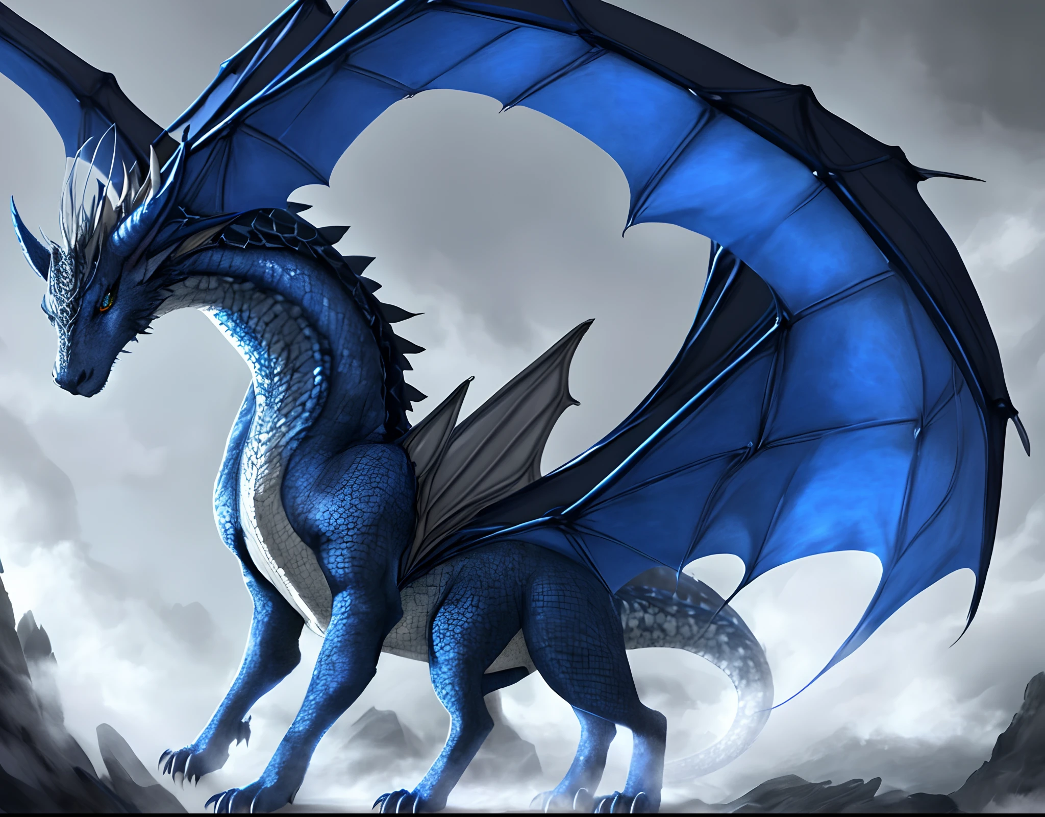 A medium sized creature with four legs, a long snout and a slender form. Covered in greyish- blue scales. With a thick dark blue mane, and a tuft of dark blue hair at the end of its long tail. With 6 foggy white eyes. And the ears of a dragon.