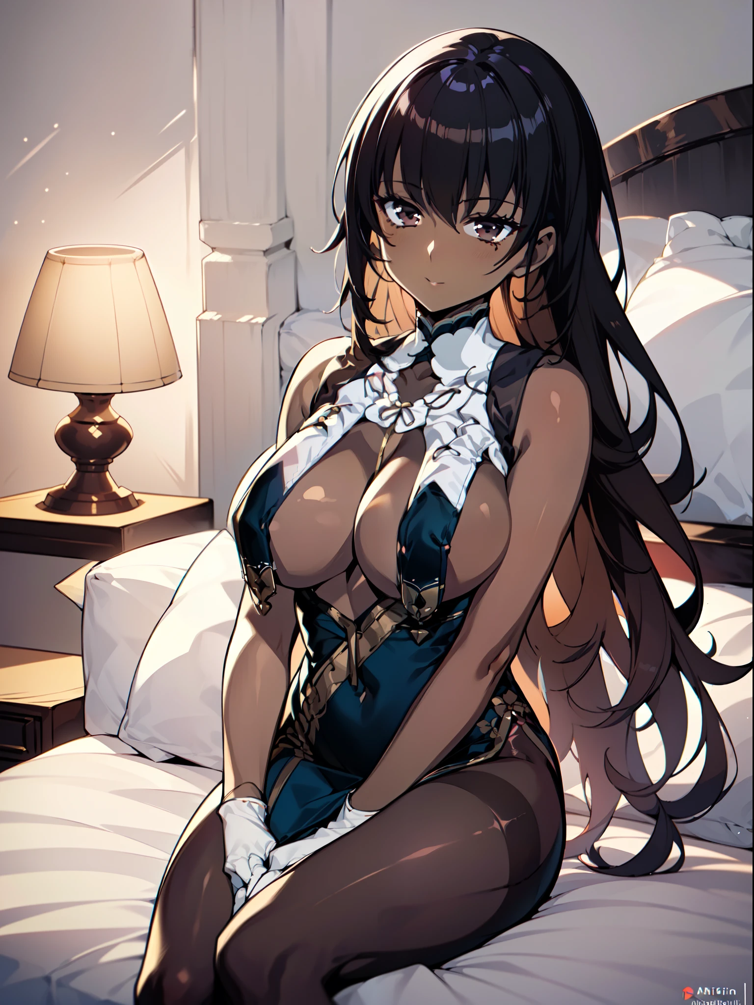 masterpiece, best quality, extremely detailed, anime art style, 1girl, mature female, solo, (dark brown skin:1.6), narberal_gamma, (large breasts:1.4), ((black hair, long hair, black eyes)), parted lips, ((ahqipao, breast curtains, elbow gloves, white pantyhose)), light smile, closed mouth, sitting on bed, ((bedroom))