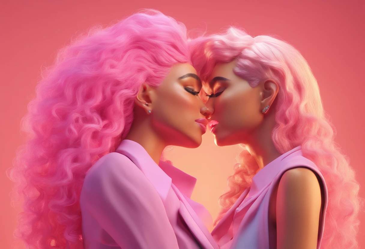 Two lesbian women with pink hair kissing each other