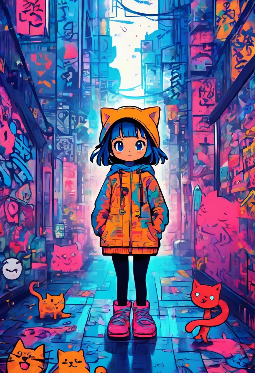 There was a cute girl with a cat, Standing on a quiet street,Cute graffiti art in full frame,Rough line art by Mr.. Graffiti and Keith Haring, Klein Blue, stick figures, zora々Right, Cute, anthropomorphic, ,doodle, Sharpie Illustration, MBE Illustration, bold lines, Grunge Beauty Style, mixed patterns, text and emoji installations,32K