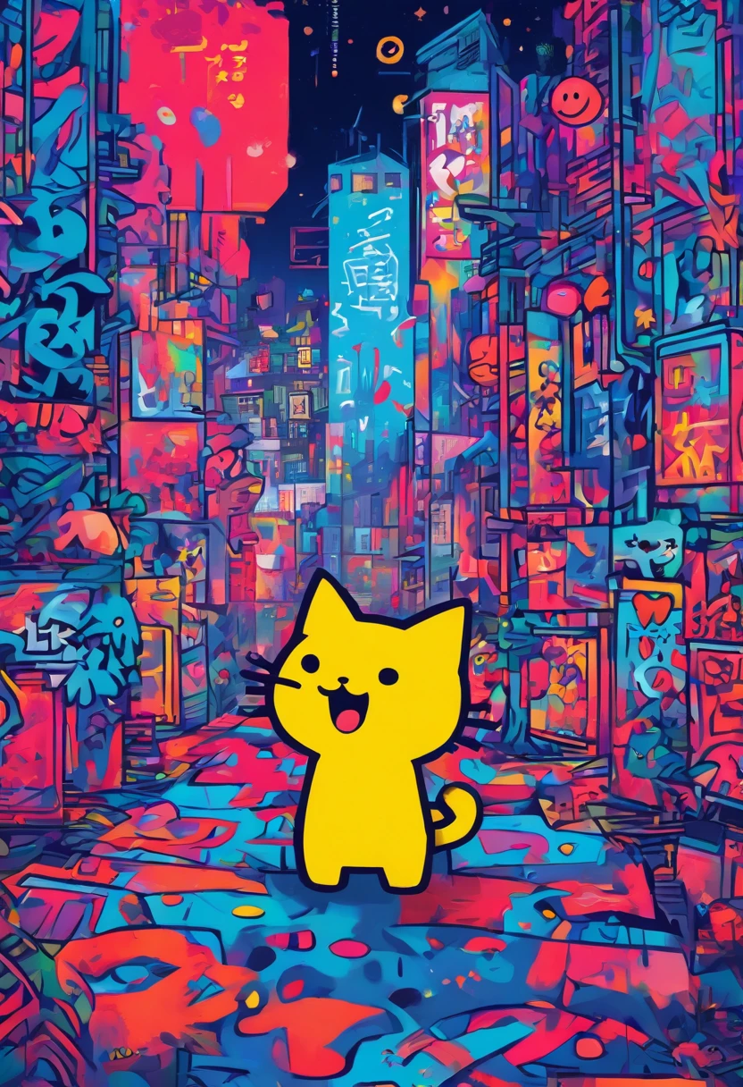 There was a cute girl with a cat, Standing on a quiet street,Cute graffiti art in full frame,Rough line art by Mr.. Graffiti and Keith Haring, Klein Blue, stick figures, zora々Right, Cute, anthropomorphic, ,doodle, Sharpie Illustration, MBE Illustration, bold lines, Grunge Beauty Style, mixed patterns, text and emoji installations,32K