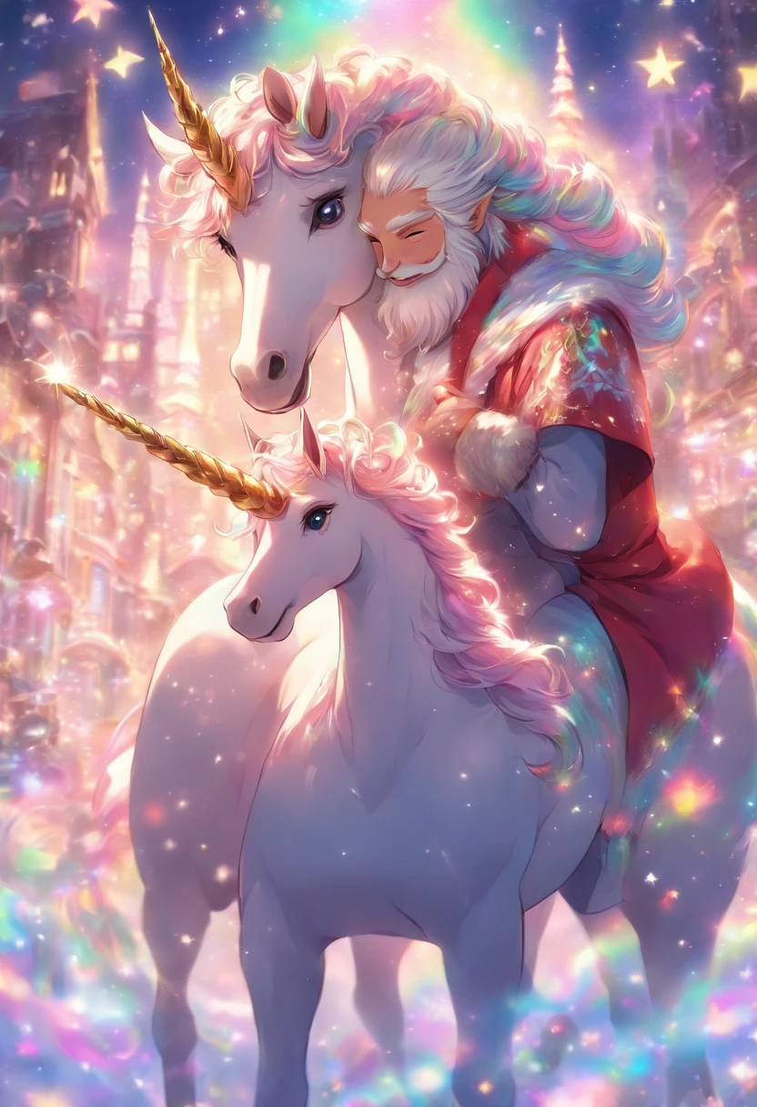 Picture Santa and the unicorn side by side, perhaps with Santa’s arm around the unicorn’s neck in a friendly gesture.
