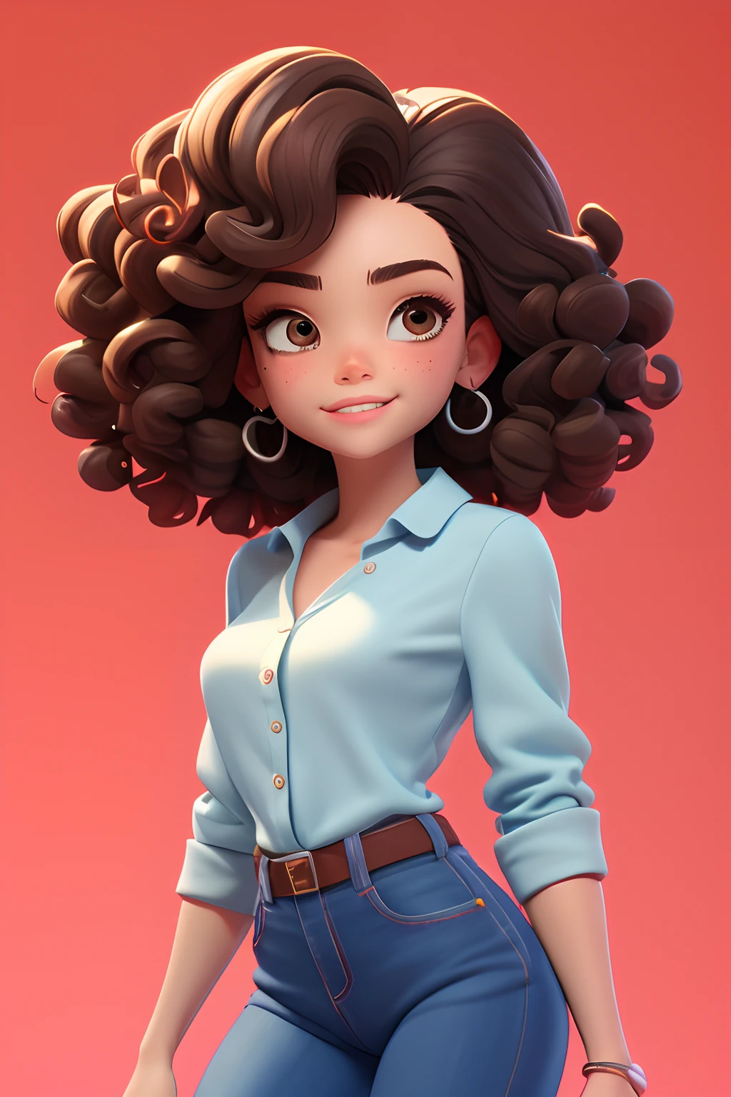 3DCHARACTER, 1 menina, mulher adulta, hazelnut eyes, cabelos pretos cacheados compridos, (((curly hair))),, (((Brown skin))), Denim Jeans Pants, camisa branca, (corpo inteiro: 1.2), fundo simples, obra-prima, melhor qualidade, flor sem cabine, (fundo gradiente de ameixa clara: 1.1)