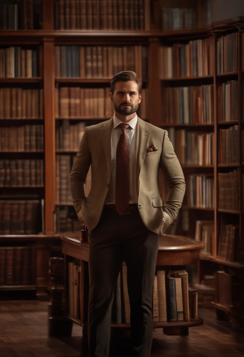 a 35 years old guy, intelectual appearence, in a library with a glass of win, ultra realistic photo, UHD