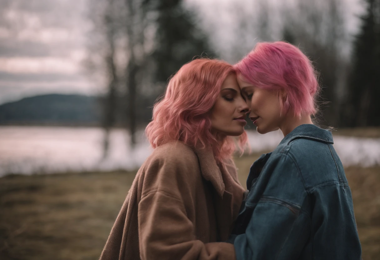 Two lesbian women with pink hair kissing each other