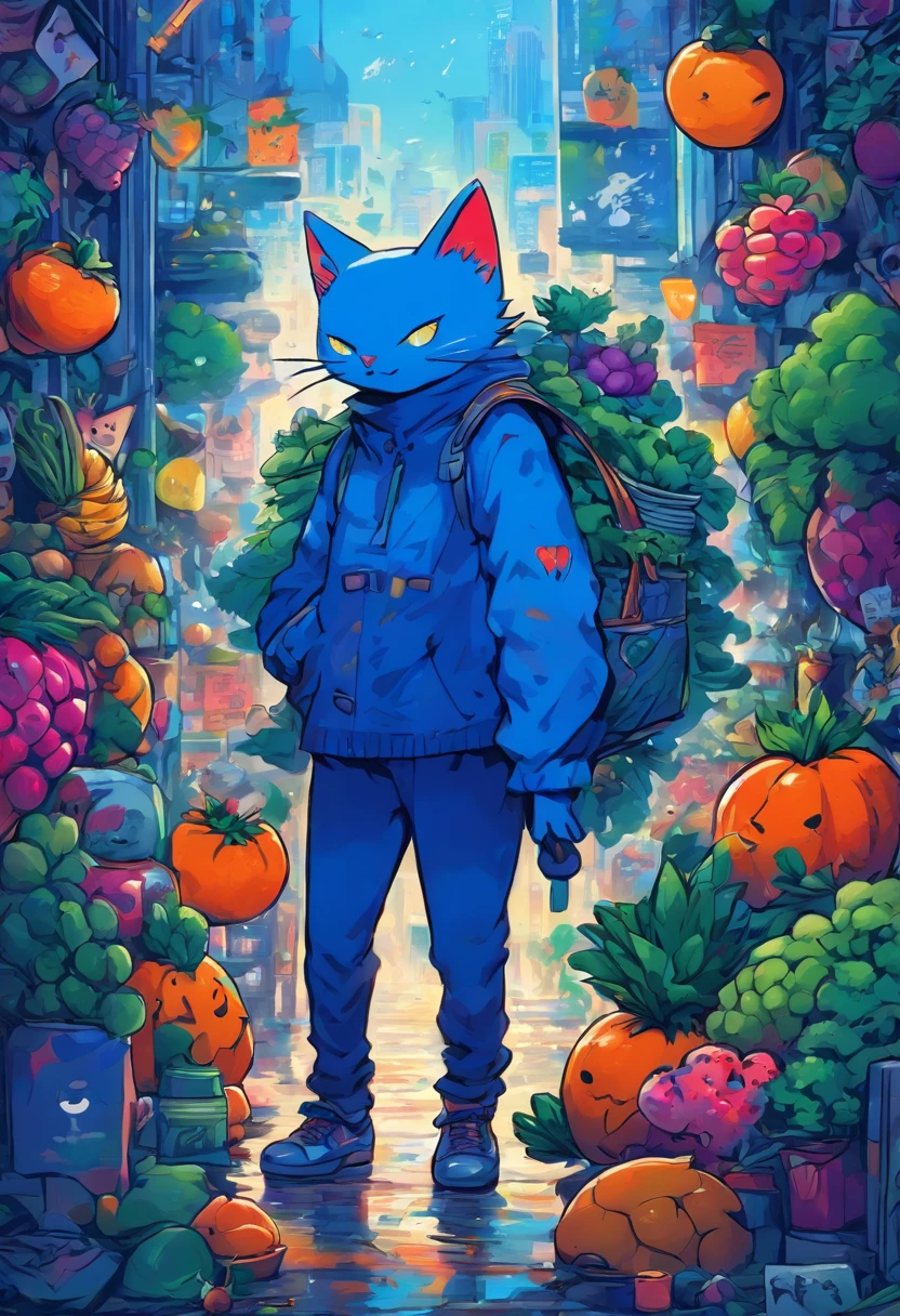 There is a cute kitten man in Coton, Stand among fresh fruits and vegetables, Wearing a cape, Handheld watering can and shield, Mrs. Rough Line Art. Graffiti and Keith Haring, Klein Blue, stick figures, zora々Right, Cute, an anthropomorphic turtle, doodle, Sharpie Illustration, MBE Illustration, bold lines, Grunge Beauty Style, mixed patterns, text and emoji installations, 32K、wings grow from the back,、迦陵頻伽 Illustration