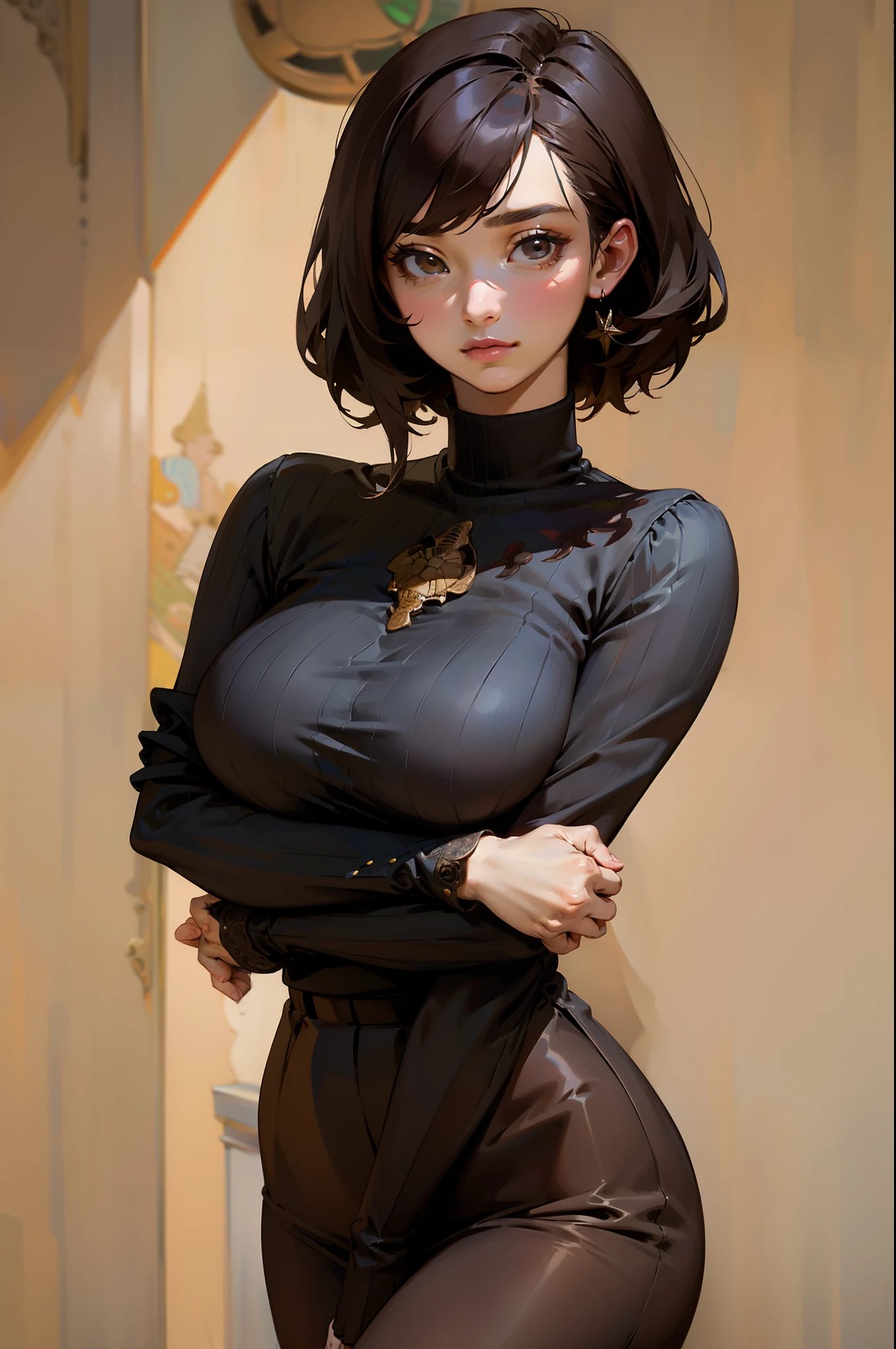 a K-pop idol wearing a turtle neck sweater,
(((masterpiece))), ((best quality)), ((intricate detailed)), ((Hyperrealistic)), absurd res, milf, mature woman, perspective, highly detailed, illustration, 1girl, ((large breasts)), perfect hands, detailed fingers, beautiful detailed eyes, short hair, brown eyes,(turtle neck:1.2), tight skirt, detailed background, choker, perfect eyes, seductive eyes, looking at the viewer, from front