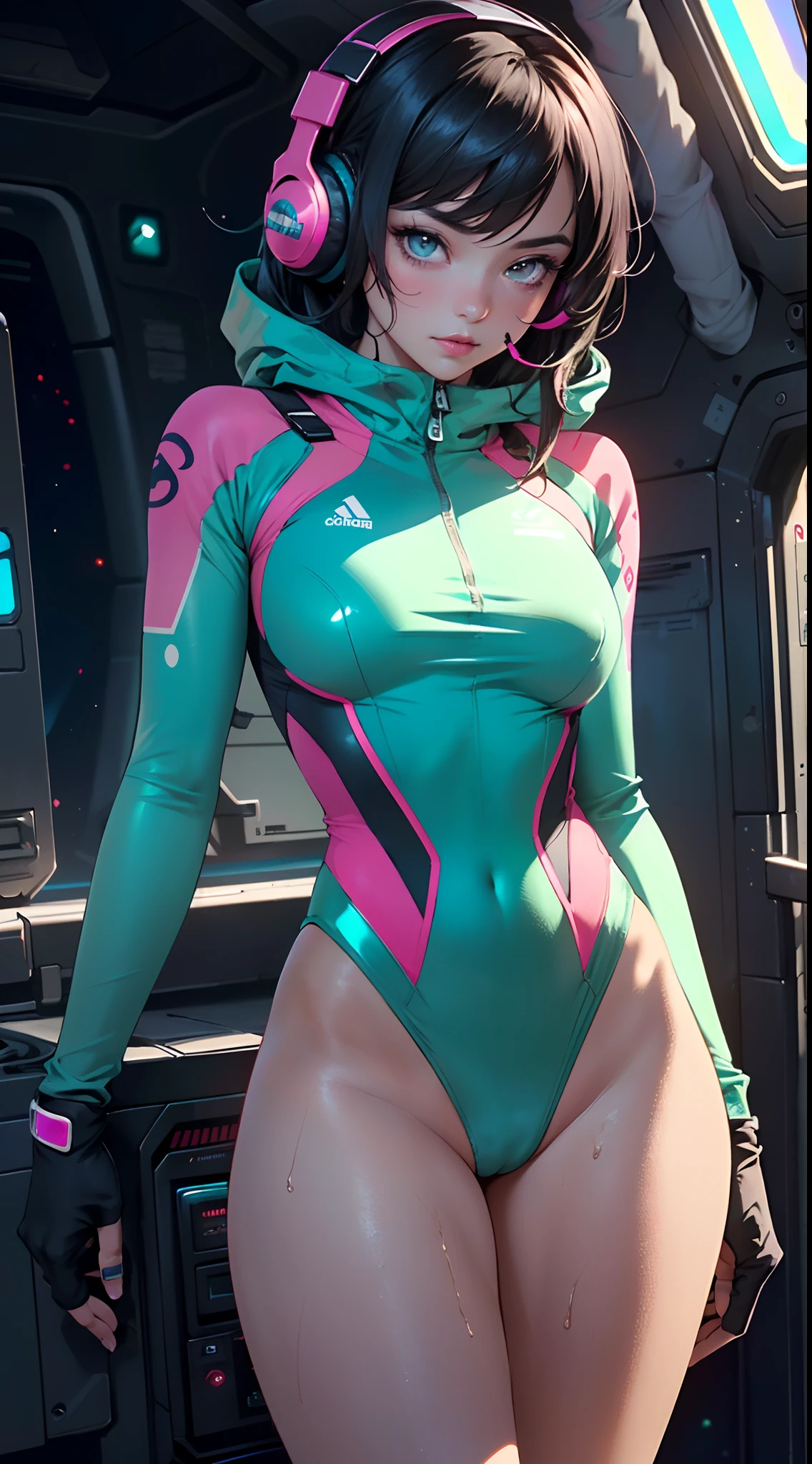 sporty girl with Asian features,(((1girl))),((girl with dark hair and turquoise highlights,)),(asian girl),
(large breasts:1.4),saggy breasts,(((Black hair with turquoise streaks:1.35,straight hair,long hair:1.4,colored inner hair,ear breathing))),((heterochromia:1.5, (pink_eye and aqua_eye))),((fat)),(((lustrous skin:1.5,bright skin: 1.5,skin tanned,shiny skin,very shiny skin,shiny body,plastic glitter skin,exaggerated shiny skin,illuminated skin, wet legs))),(spider lower abdomen,narrow waist,wide hip,athletic body,inflated legs,detailed body,(detailed face)),
cute,slutty,seductive,erotic,(((nsfw))),
zettai ryouiki,((one-piece_swimsuit magenta,wearing a one-piece_swimsuit outfit:1.3,swimsuit type spacesuit,magenta armor swimsuit:1.3)),(rgb headphones:1.5),((wet clothes,intricate outfit,intricate clothes)),
(dynamic pose:1.0),embarrassed,(centered,scale to fit dimensions,Rule of thirds),
cyberpunk city by the ocean at night, with bright neon signs and dark stormy clouds and puddles, scenery:1.25,
artistic photography,(photography taken by sldr),highres, sharp focus, (ultra detailed, extremely detailed), (photorealistic artwork:1.37),(extremely detailed CG unity 8k wallpaper),((synthwave background theme)),(((vibrant colors))),(intricate background),(masterpiece),(best quality),