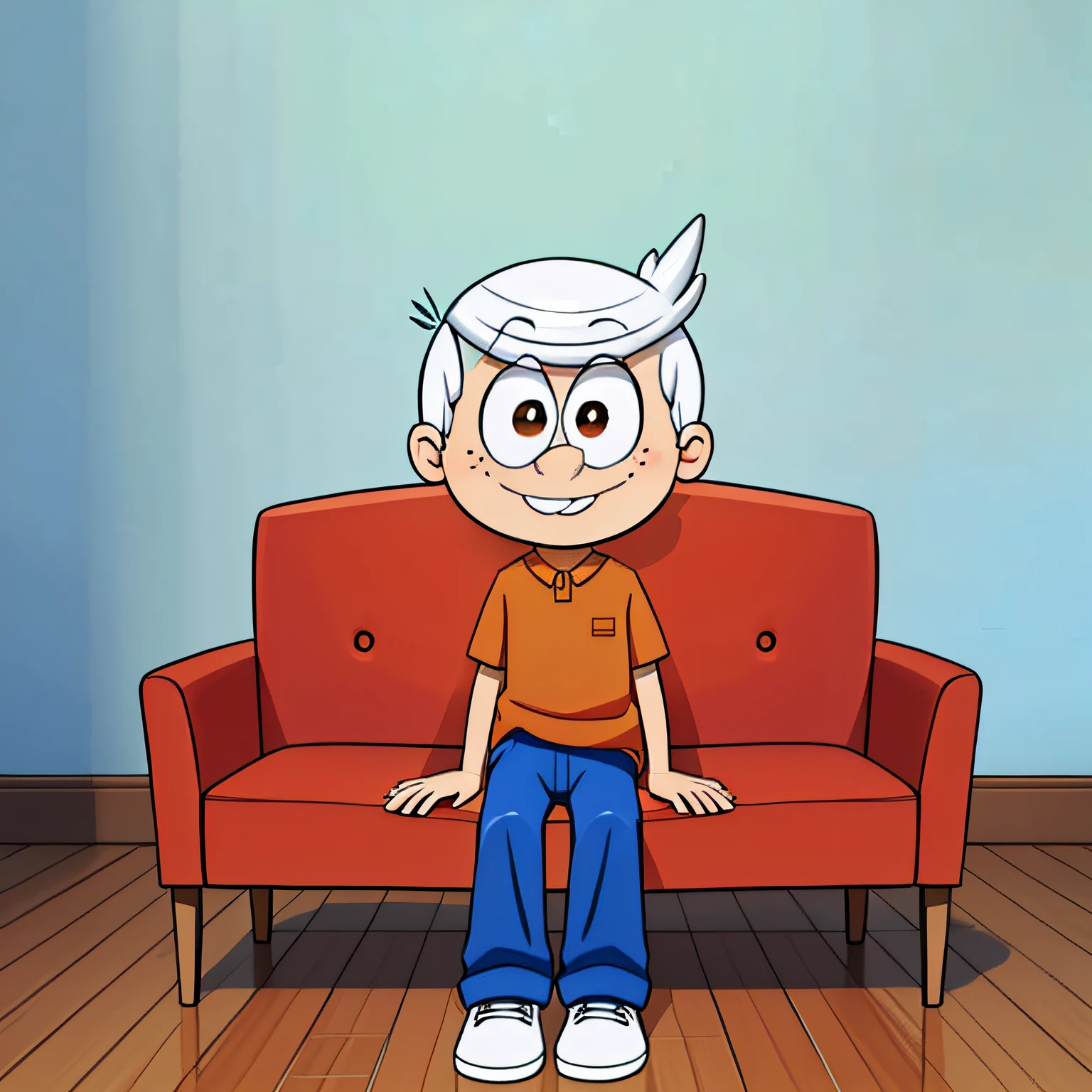 ((masterpiece, best quality)),(complex light),solo, solo focus, full body,1boy,lincoln loud, blue pants, simple background, standing,brown eyes, white hair, sitting on couch in living room, smiling