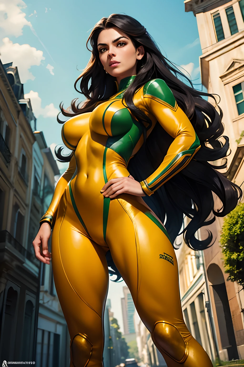 Tira de quadrinhos inspirada na arte de David Finch,A closeup of a Brazilian superheroine with long wavy black hair, olhos cintilantes, middlebreasts, cintura delgada, Wearing superheroine uniform in green and yellow colors, Standing in the middle of an avenue in imposing pose, espirito determinado e poderoso,(corpo inteiro projetado na imagem) (SFW)