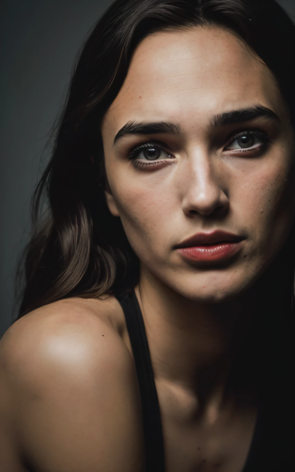 upper body of a beautiful young woman, very detailed skin, cinematic shot, harsh lighting. raw photo, masterpiece, photorealistic, 8k