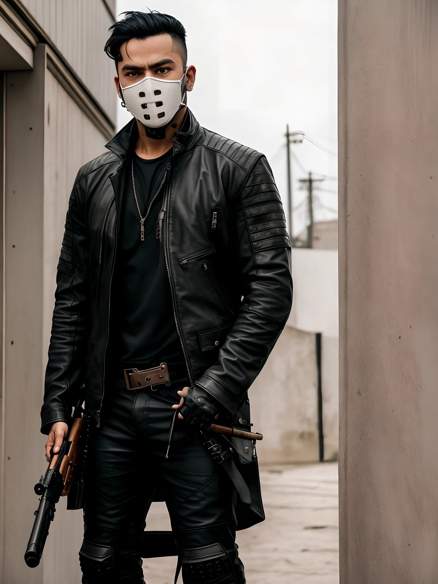 Arafeld man in mask and leather jacket holding a gun, Urban Samurai, wearing cyberpunk leather jacket, in a post apocalyptic setting, wearing urban techwear, still from live action movie, post - apocalyptic vibe, cinematic outfit photo, wearing leather assassin armor, apocalyptic style, cyberpunk style outfit, wearing apocalyptic clothes, leather outfit, wearing samcrow leather jacket