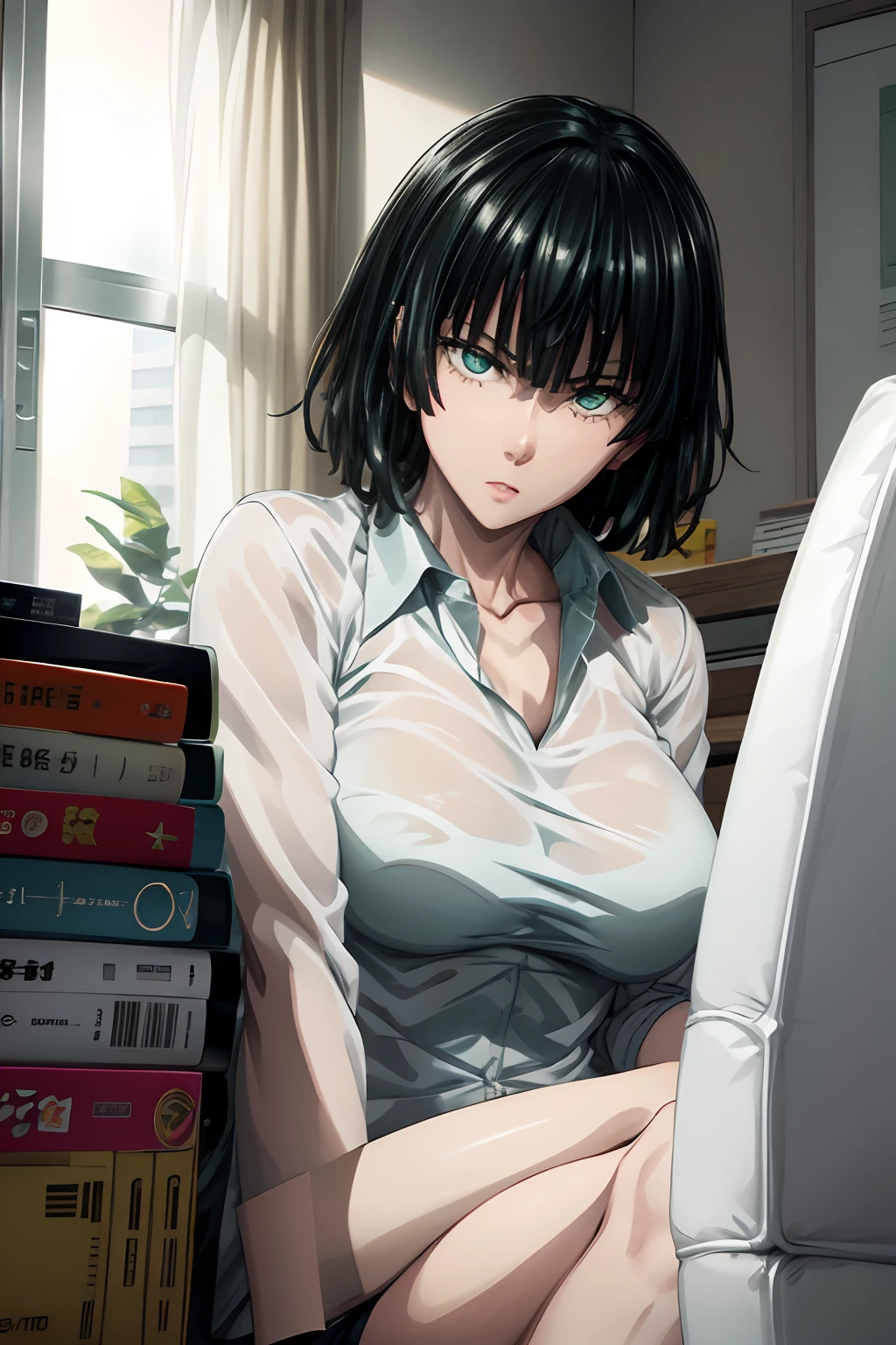 Fubuki vistiendo solamente ropa interior, lenceria blanca sexy, sosten blanco, medias blancas,