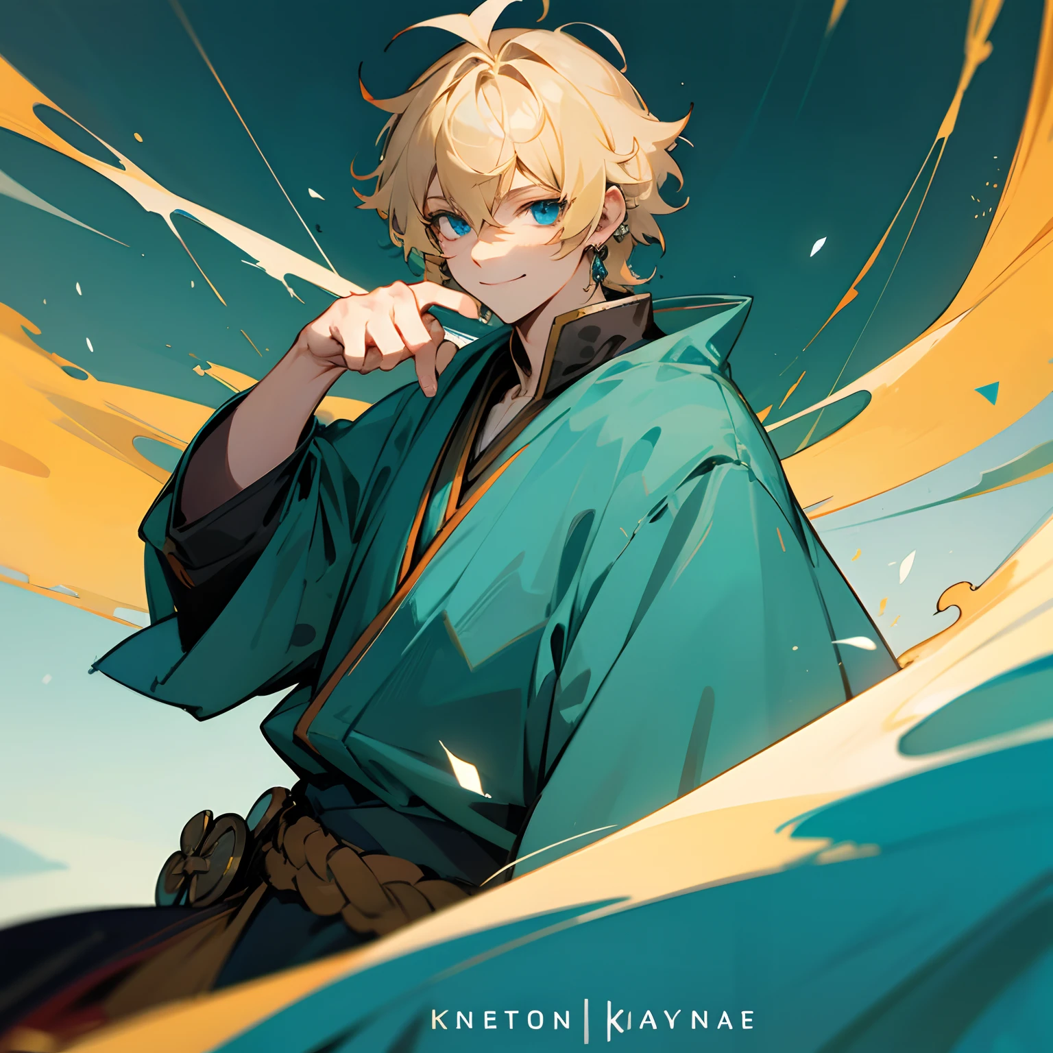 Kingdom background , blonde hair , teal blue eyes , smiling expression , earrings , 1male , short hair , messy hair , warrior robes