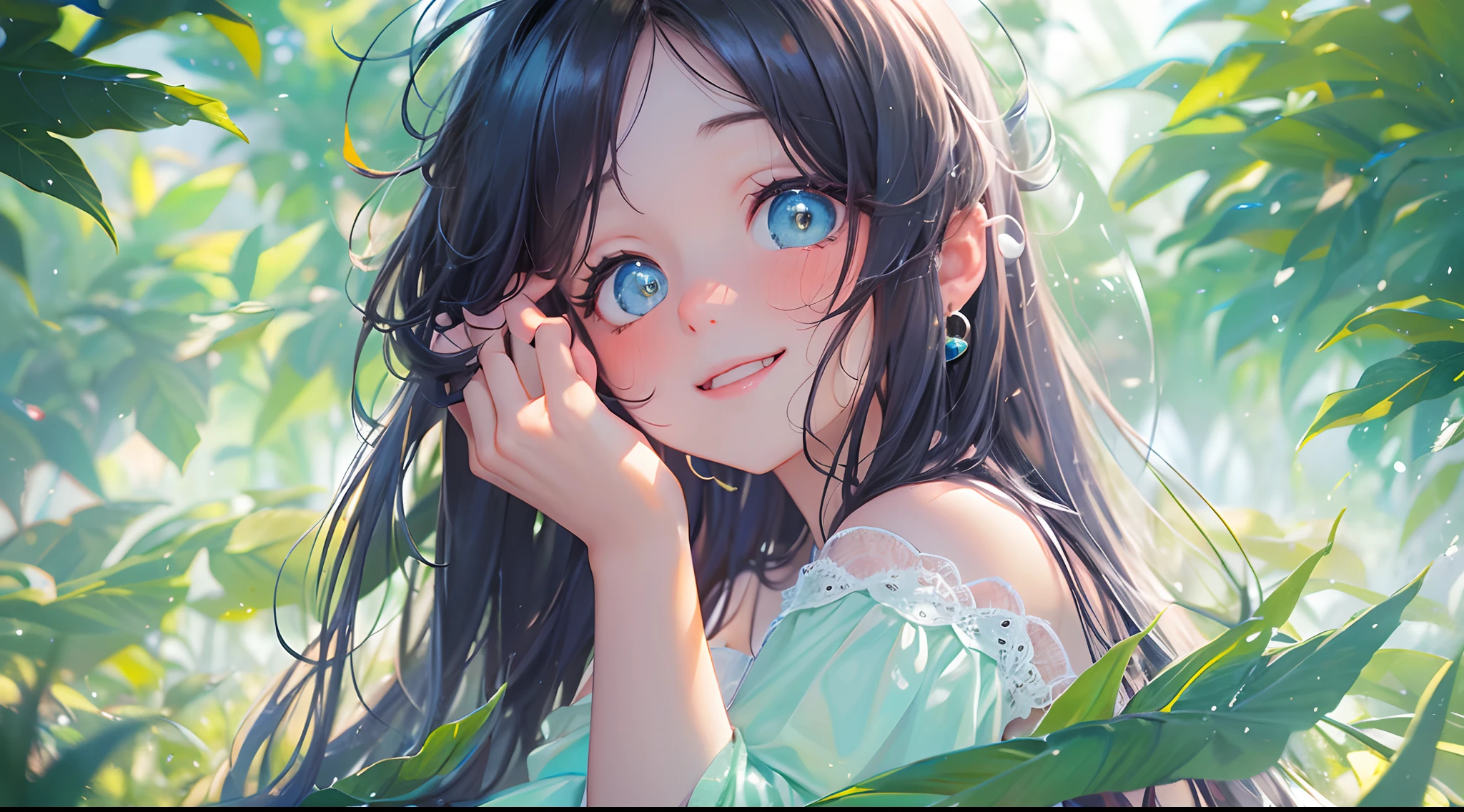 Black hair, hair bobbles, wince, long eyelasher, solid circle eyes, Fake animal ears, Light smile, Ear blush, Fang, surrealism, shadowing, anaglyph, stereograms, tachi-e, angle of view, Atmospheric perspective, Monet, Monet, 8K, Super detail, ccurate, Best quality, A high resolution, In a small gurgle, Quiet park,A young lovely woman sitting on a bench reading a book。She wore a light blue dress,Long hair casually draped over the shoulders。The sun shone on her through the gaps between the leaves,Make her look more beautiful and moving。