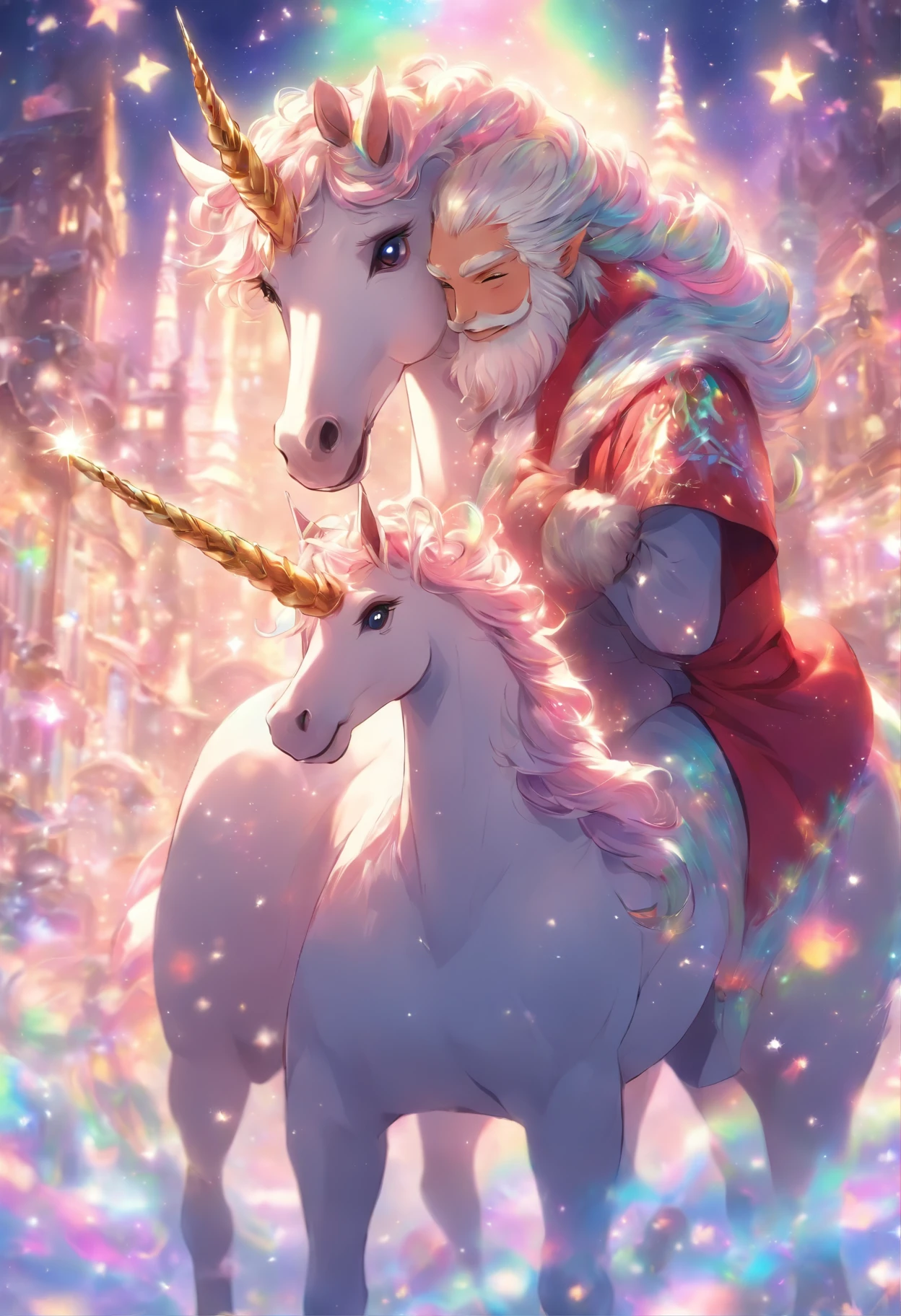Picture Santa and the unicorn side by side, perhaps with Santa’s arm around the unicorn’s neck in a friendly gesture.