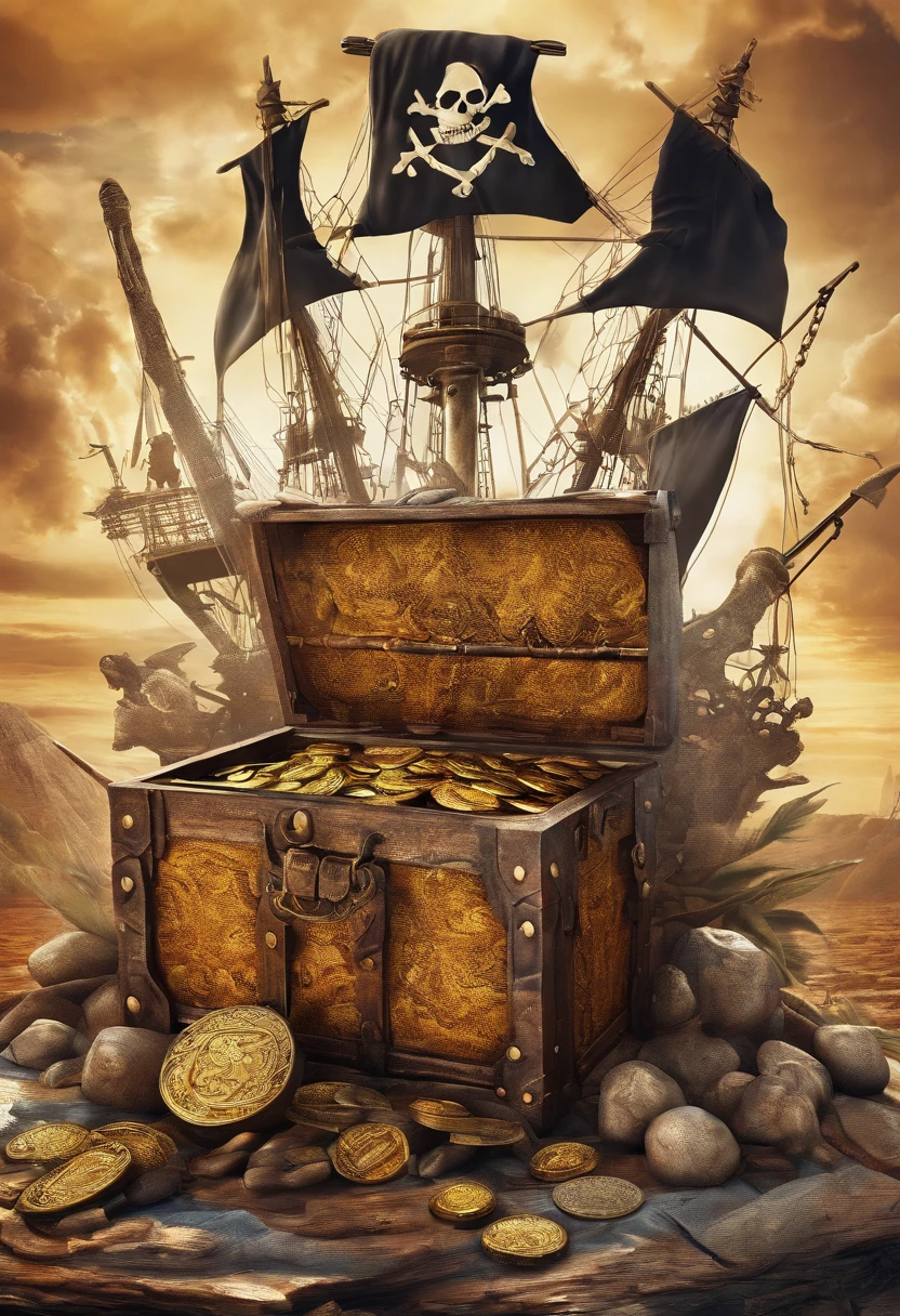 best quality,4k,8k,highres,masterpiece:1.2,ultra-detailed,realistic:1.37,pirate flag, two spears, piercing a bag of money,illustration,muddy texture,dynamic scene,pirate gold coins,ancient treasure chest,dramatic lighting,vivid colors