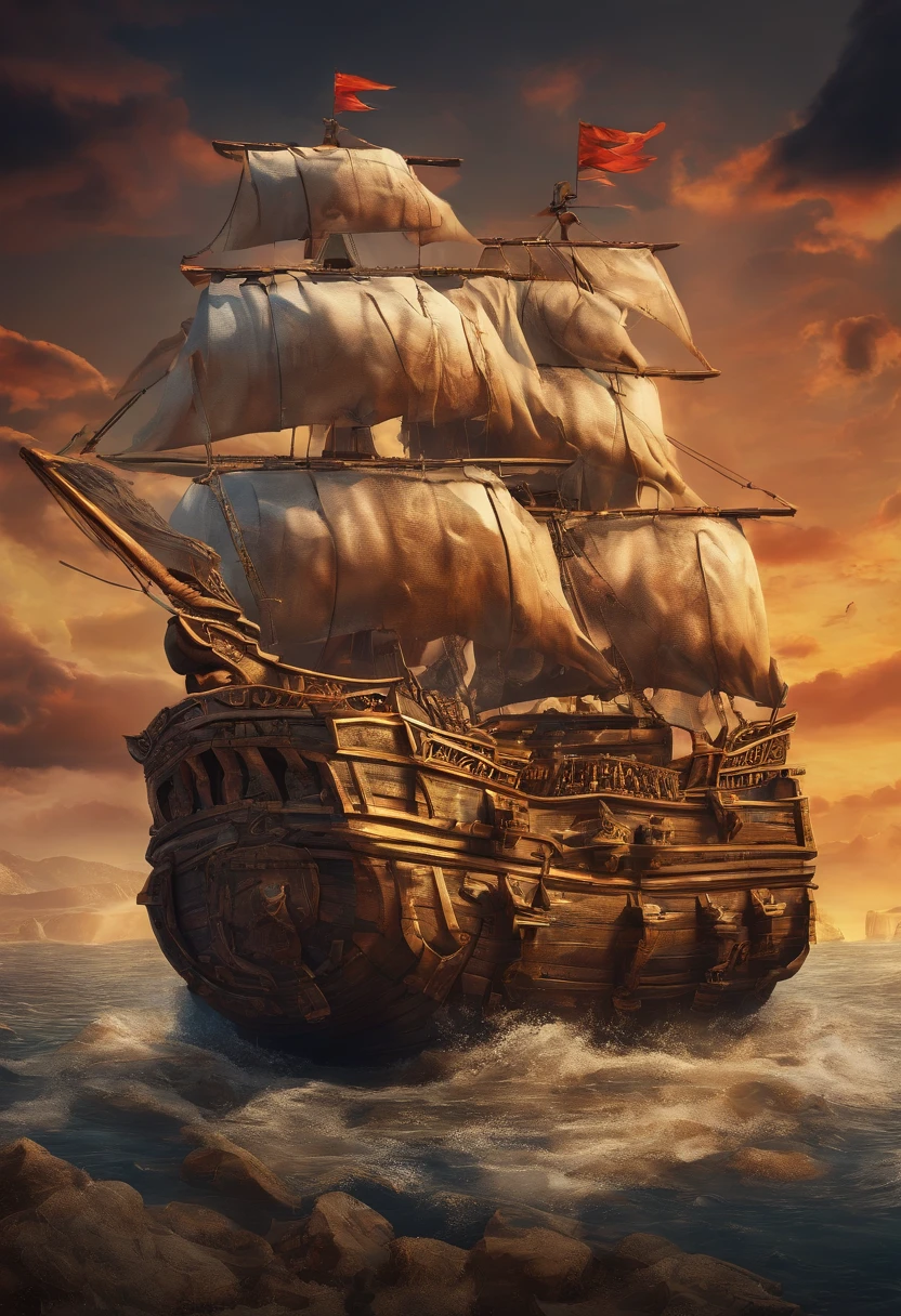 best quality,4k,8k,highres,masterpiece:1.2,ultra-detailed,realistic:1.37,pirate flag, two spears, piercing a bag of money,illustration,muddy texture,dynamic scene,pirate gold coins,ancient treasure chest,dramatic lighting,vivid colors