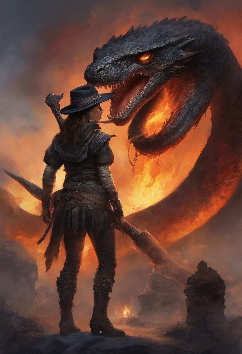 latina female monster hunter with black clothes and black hat facing a giant fire snake in the sky, Sense of oppression, 19th rural city by night on background, A lot of detail, frotting, 4k