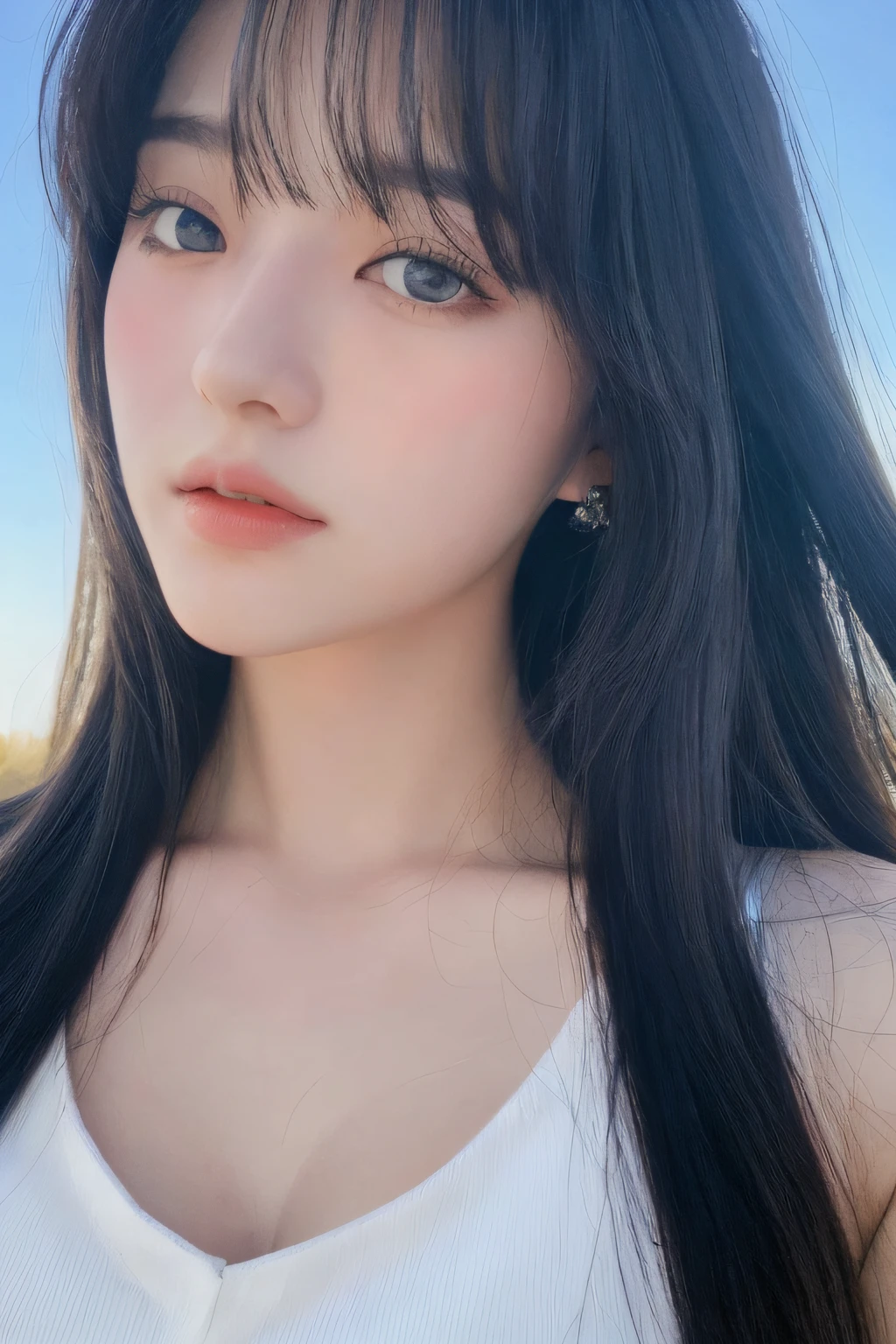 (detailed and realistic portrait of a girl with a clean face), (round eyes and long flutters hair shot outside),staring at camera,magical photography, dramatic lighting, photo realism, ultra-detailed,
 intimate portrait composition, (centered image composition),(close up shot:1.6),best quality,f/1. 8, 85mm,
(28years asian woman), black_hair,(black_eyes:1.2),(bangs),makeup,white_dress,
(hazy blue_sky_background)