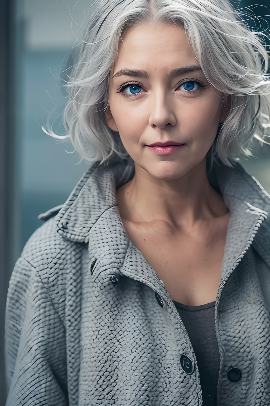 A gray-haired young woman stands in front of the camera and makes eye contact, Without a trench coat and underwear, Six-pack, blue eyess, Bauchfrey , 8K, high resolucion